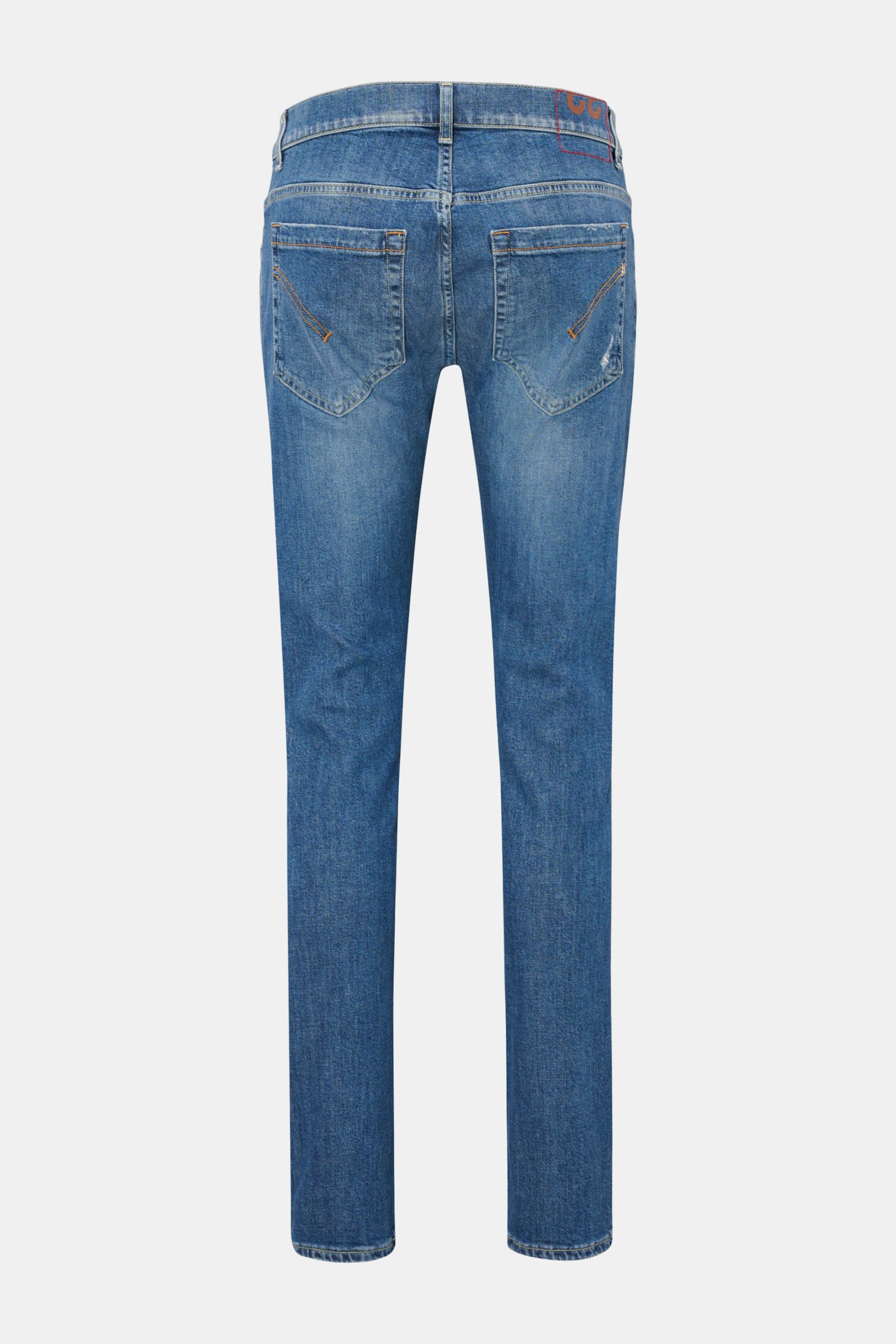 Dondup Jeans 'George' blau Rückansicht, Denim aus Baumwolle mit leichtem Stretch, Skinny Fit, schmale Wade, authentische Waschung, Distressed-Effekte.