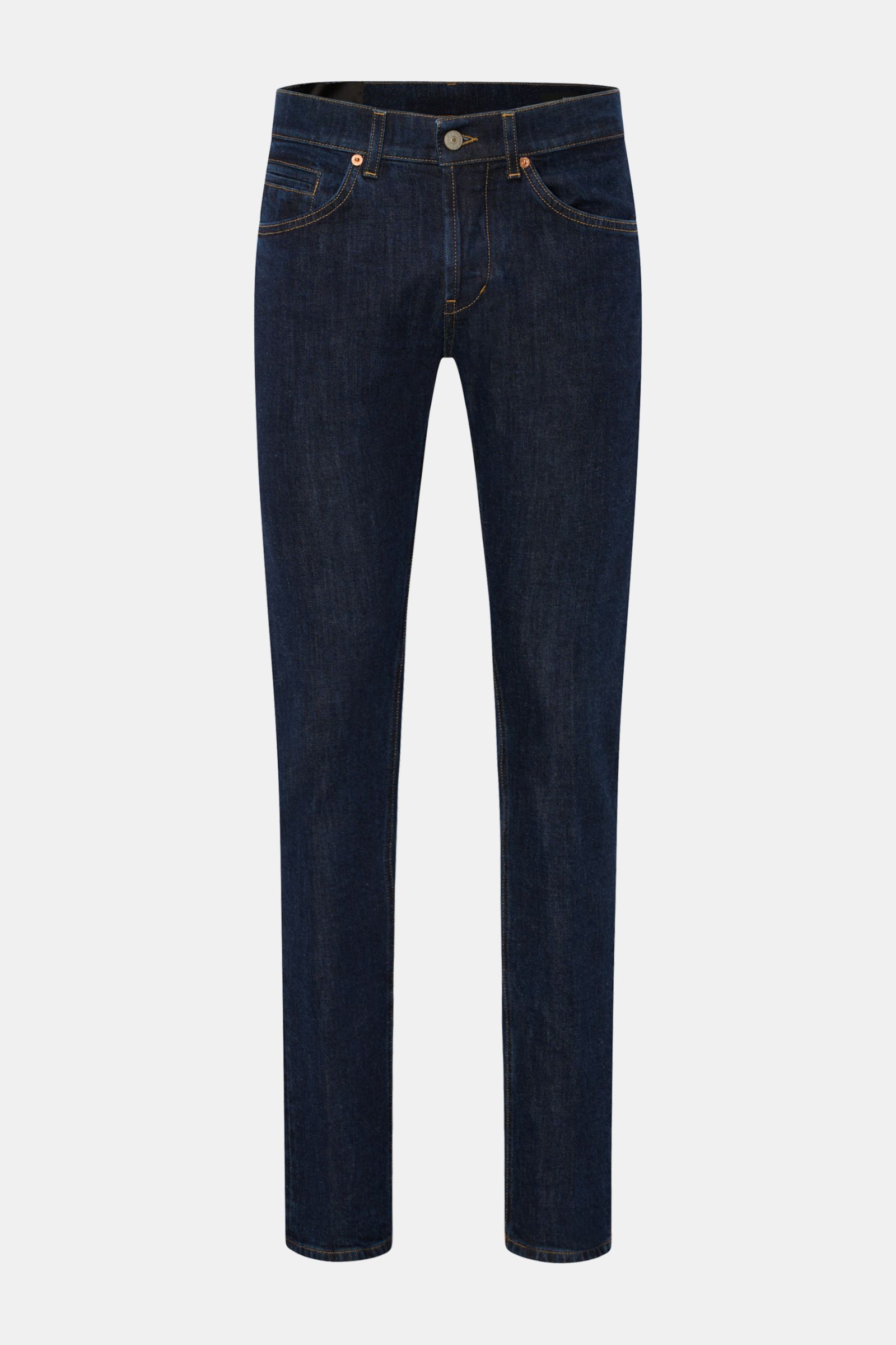 Dondup Jeans 'George' navy, frontal fotografiert, aus Baumwolle Denim, elastisch, weich, Skinny Fit, schmal geschnittene Wade, niedrige Bundhöhe, Button Fly, Five-Pocket-Stil, paspelierte Münztasche, Gesäßtaschen mit Stitching, Metall-Initial, innenliegen