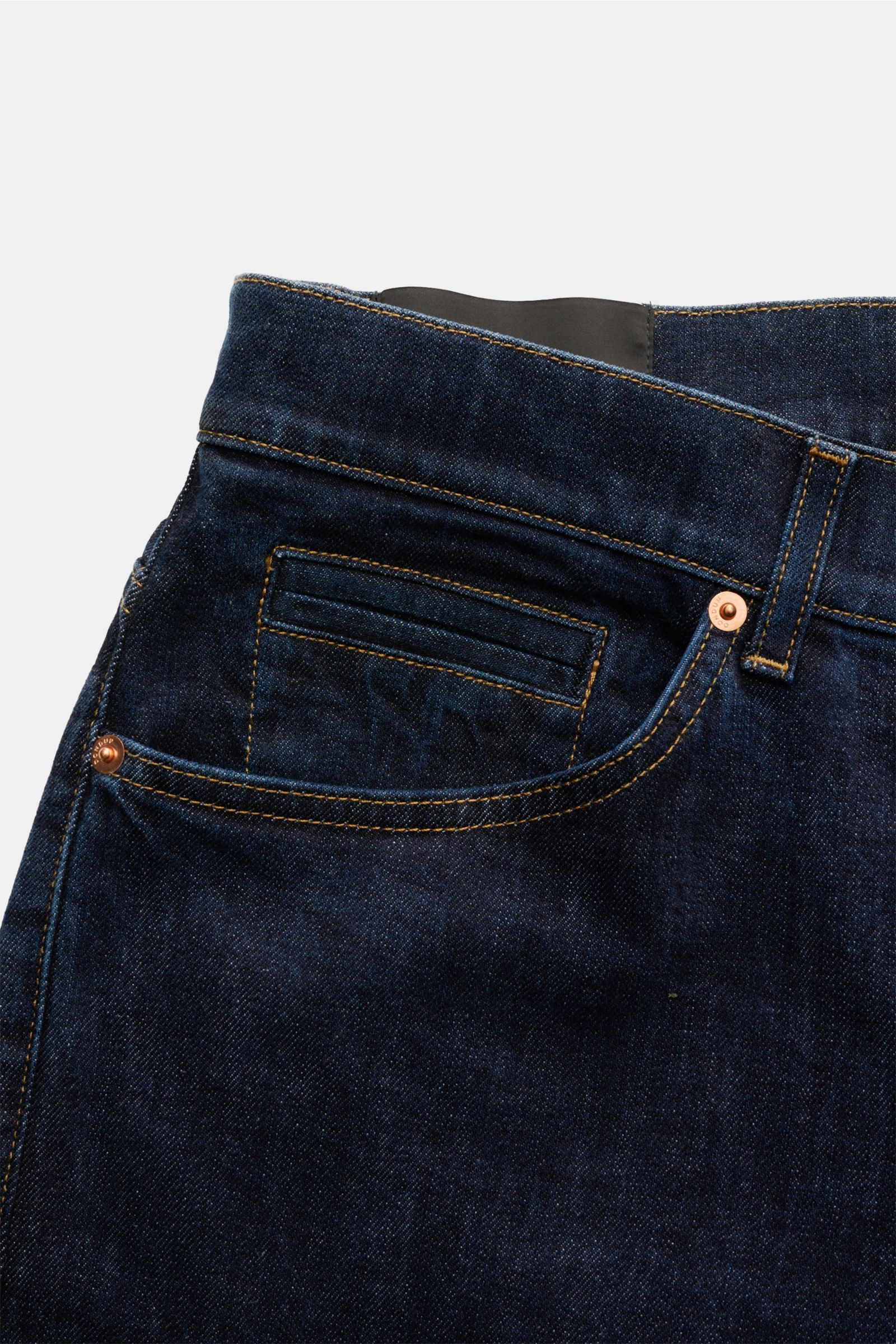 Dondup Jeans 'George' navy, Detailaufnahme von vorne oben, Denim aus Baumwolle, elastisch, weich, Skinny Fit, schmal geschnitten, niedriger Bund, Button Fly, Five-Pocket, Münztasche, Gesäßtaschen mit Stitching, Metall-Initial, innenliegendes Weblabel.