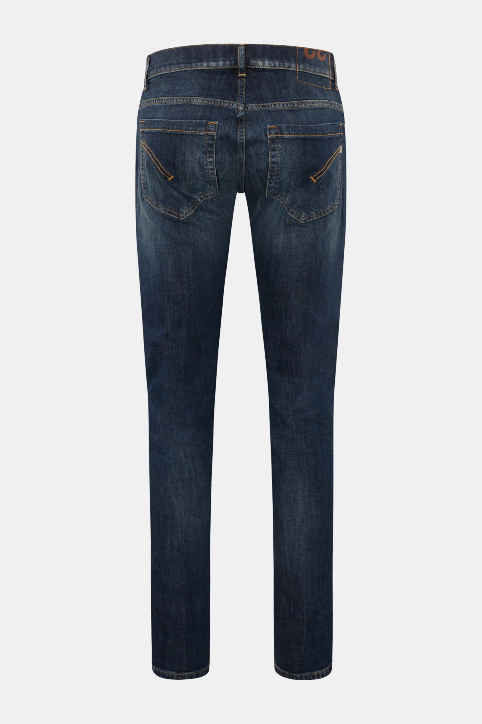 Dondup Jeans 'George' dunkelblau Rückansicht, Denim aus Baumwolle, elastische Qualität, weicher Griff, Skinny Fit, schmal geschnittene Wade, niedrige Bundhöhe, Button Fly, Five-Pocket-Stil, paspelierte Münztasche, Gesäßtaschen mit Stitching, Metall-Initia