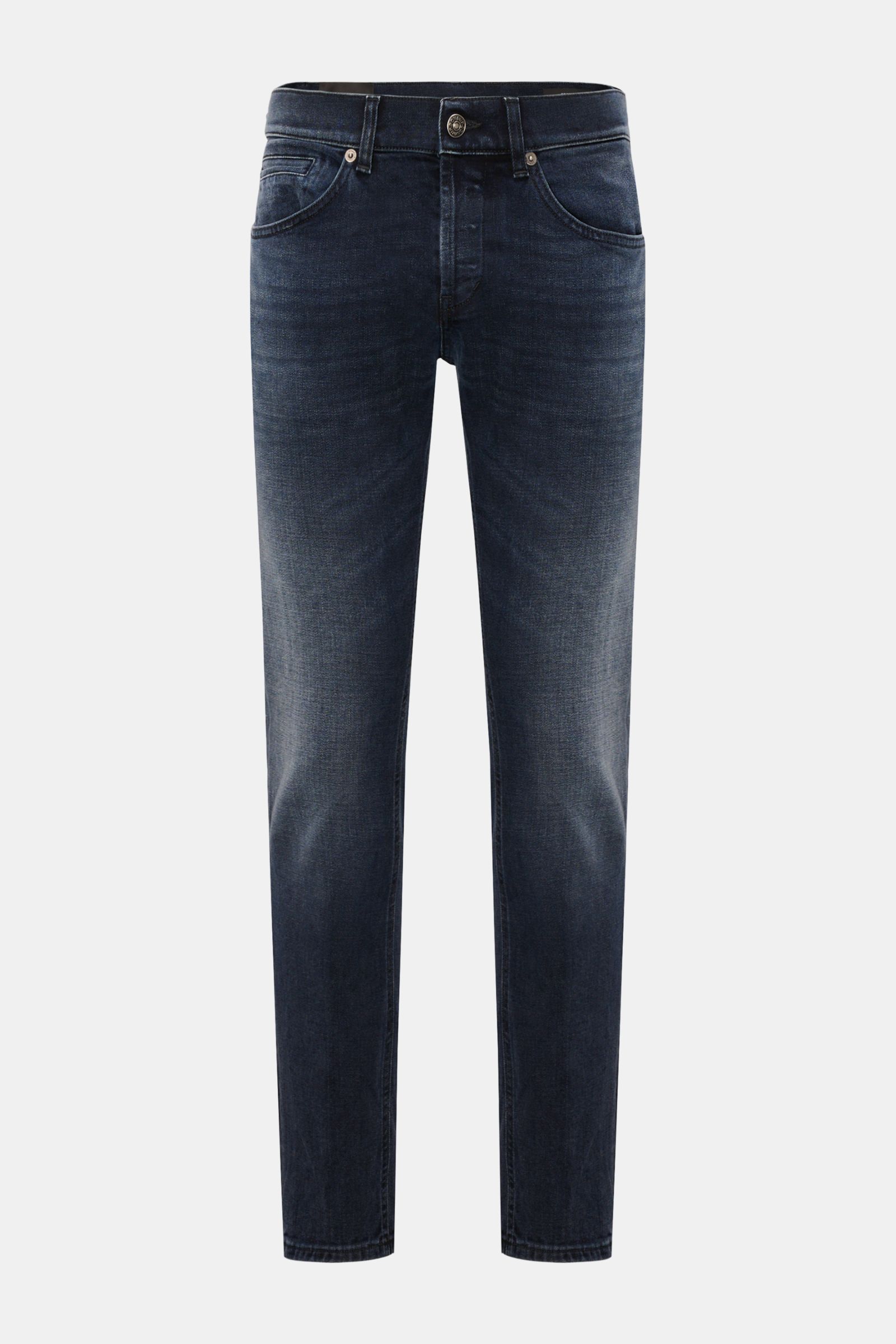 Front view of Dondup Jeans 'George' grey-blue, skinny fit with low waist, button fly, five-pocket style, and elasticated cotton denim.

Description: Casual all-rounder: The jeans 'George Skinny Fit' by DONDUP, made of slightly stretchy cotton material,