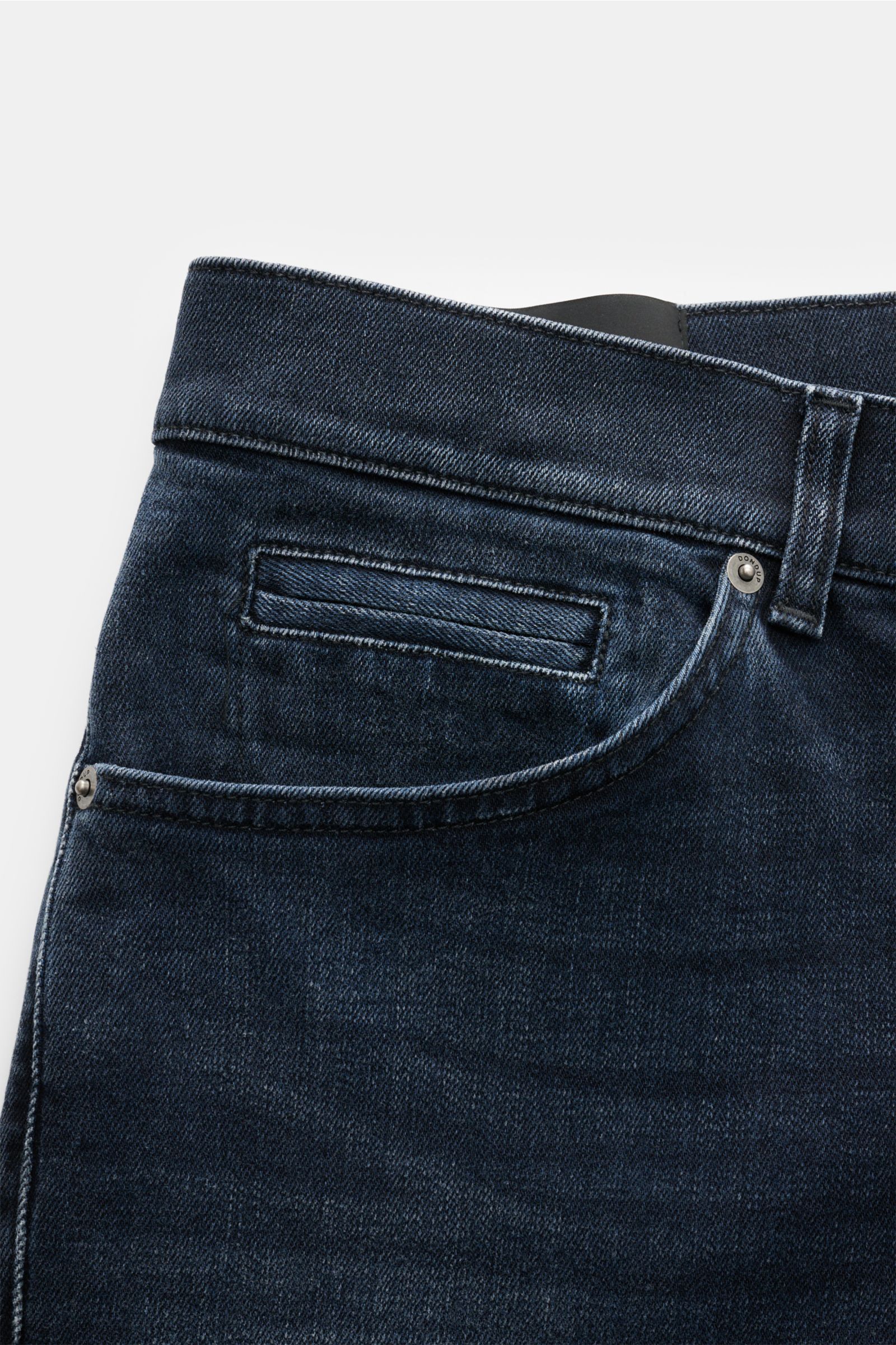 Close-up front-side view of Dondup Jeans 'George' grey-blue showing low waist, button fly, jetted coin pocket, and denim texture.

Description: Casual all-rounder: The jeans 'George Skinny Fit' by DONDUP, made of slightly stretchy cotton material, are 