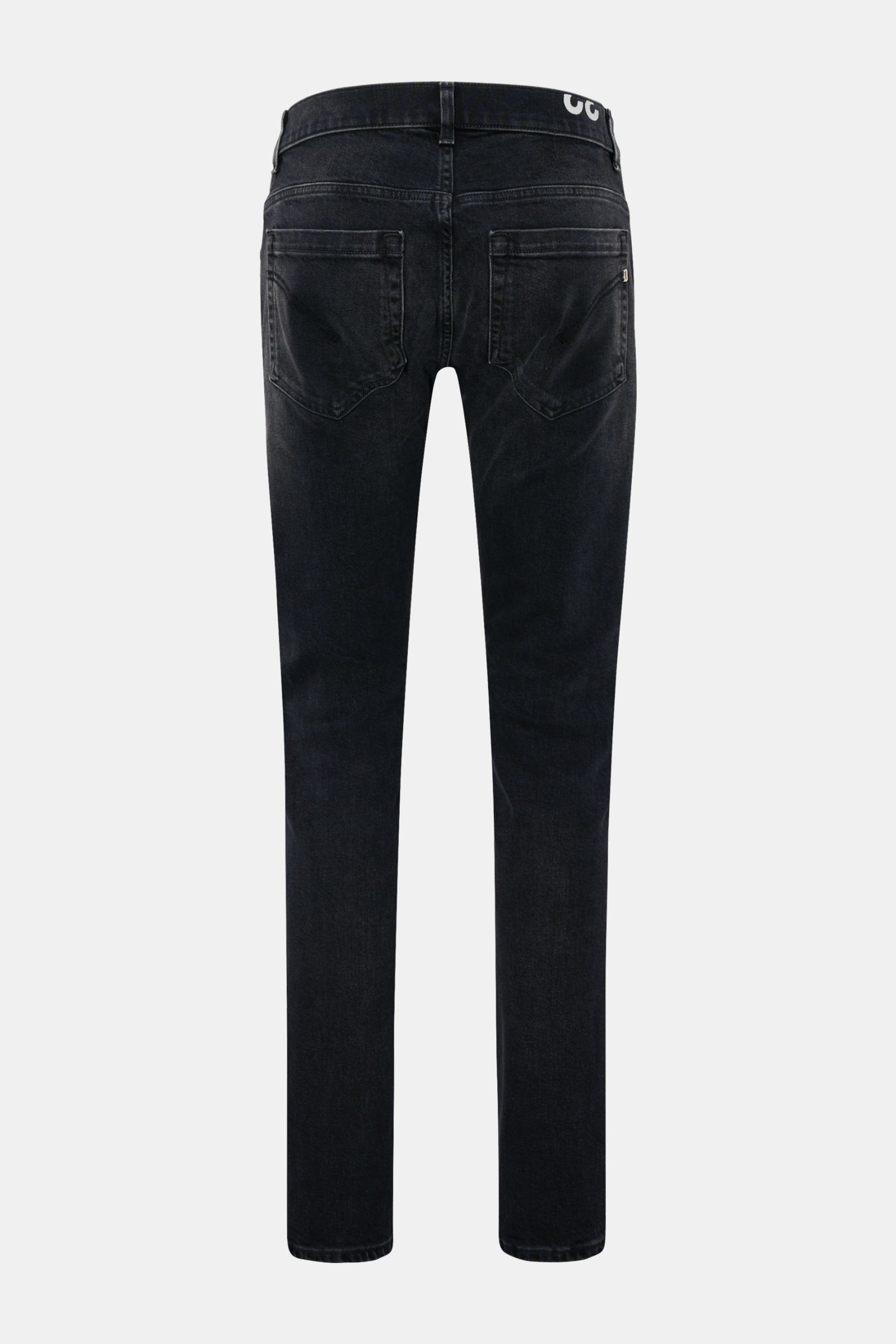 Back view of Dondup Jeans 'George' anthrazit made of cotton denim, lightly elastic, with a slightly grippy feel, skinny fit, slim calf, low waist, button fly, five-pocket style, piped coin pocket, stitched back pockets, typical metal initial, and inner wo