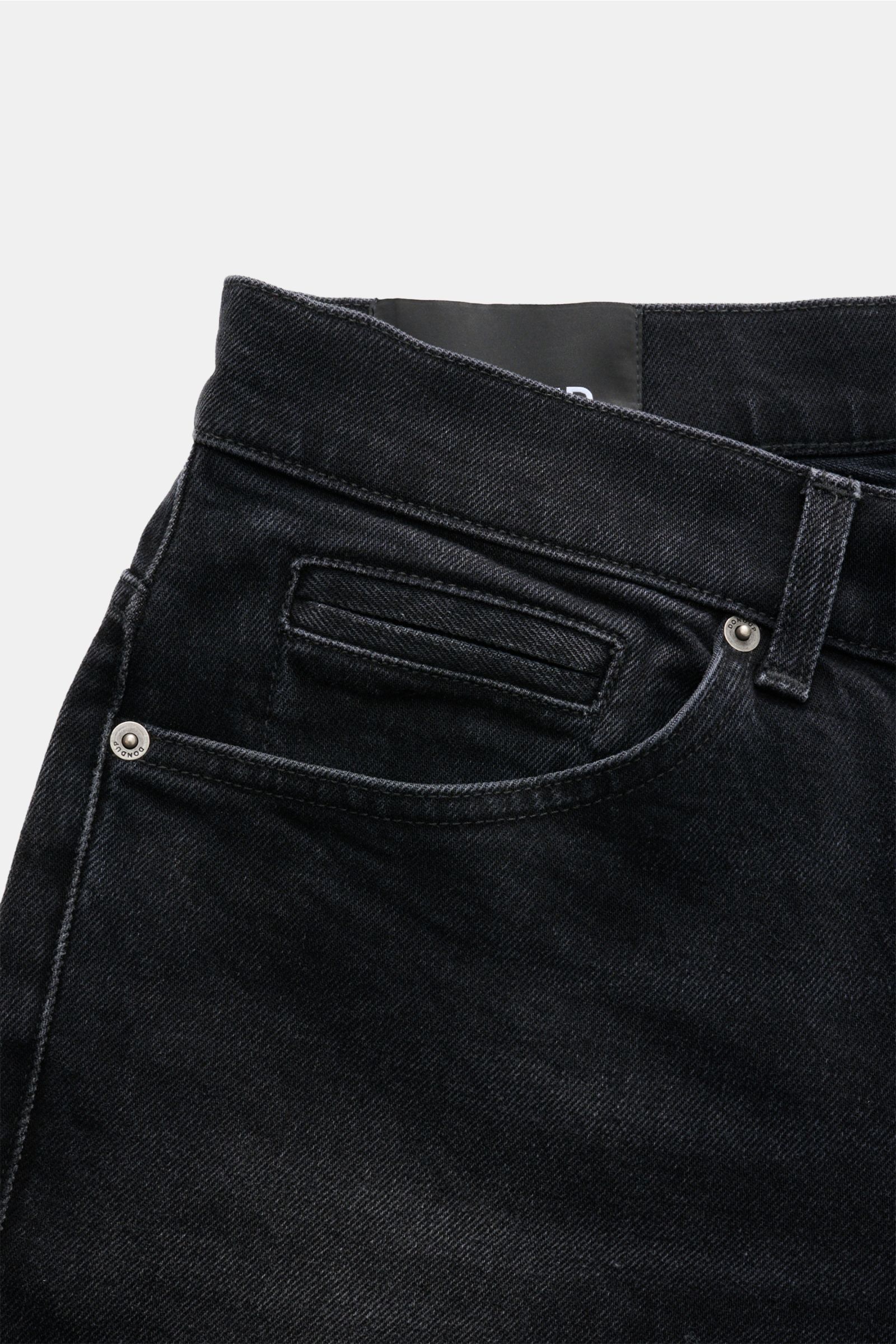 Close-up front view of Dondup Jeans 'George' anthrazit, denim aus Baumwolle, leicht elastische Qualität, leicht griffige Haptik, Skinny Fit, schmal geschnittene Wade, niedrige Bundhöhe, Button Fly, Five-Pocket-Stil, paspelierte Münztasche, Gesäßtaschen mi