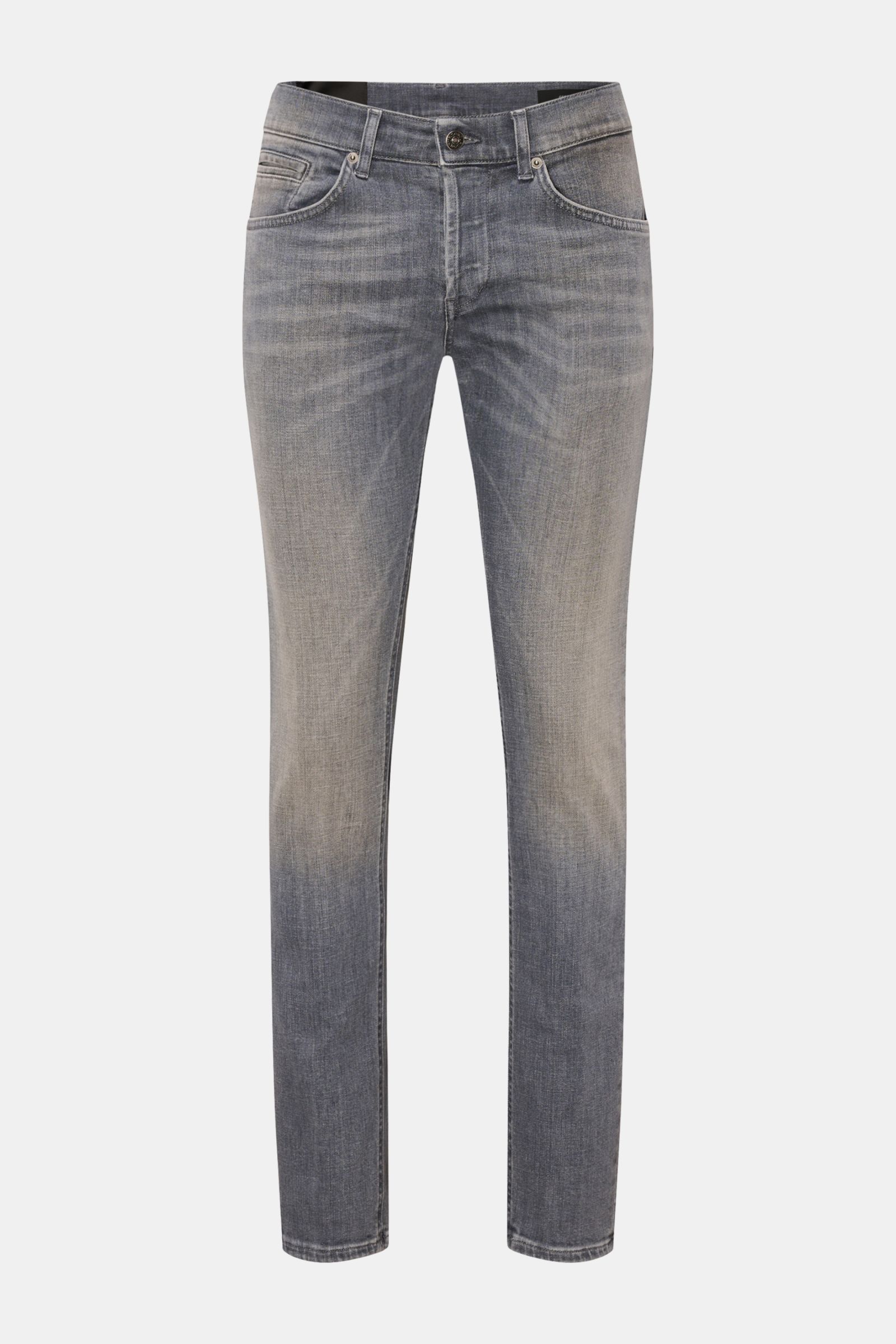 Front view of Dondup Jeans 'George' grau in soft, elastic cotton denim with a skinny fit, low waist, button fly, five-pocket style, piped coin pocket, stitched back pockets, metal initial, and inner woven label.
