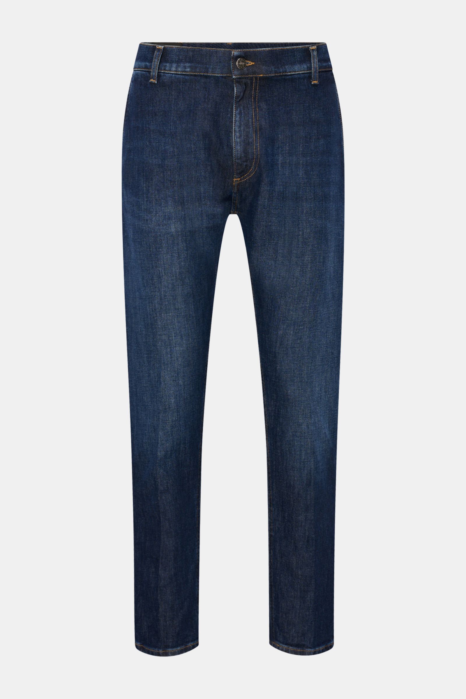 Dondup Jeans 'Jeff' navy, knöchellang im Carrot Fit, aus leicht elastischem Baumwoll-Denim, fotografiert von vorne mit Zip Fly, französischen Taschen, Gesäßtaschen mit Stitching, Metall-Initial und innenliegendem Weblabel.