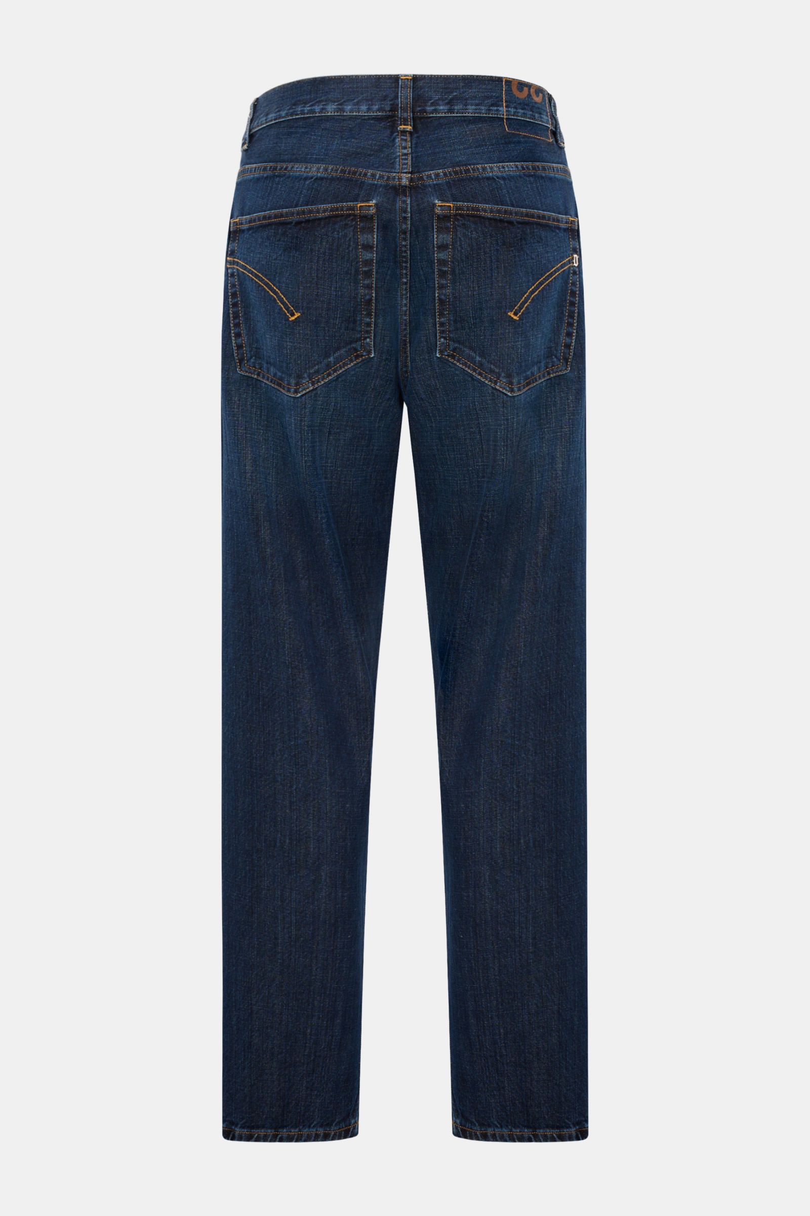 Rear view of Dondup Jeans 'Paco' navy in pure cotton denim, lightly textured, tapered fit, regular thigh width, ankle-length, zip fly, five-pocket style, metal initial, and inner woven patch.