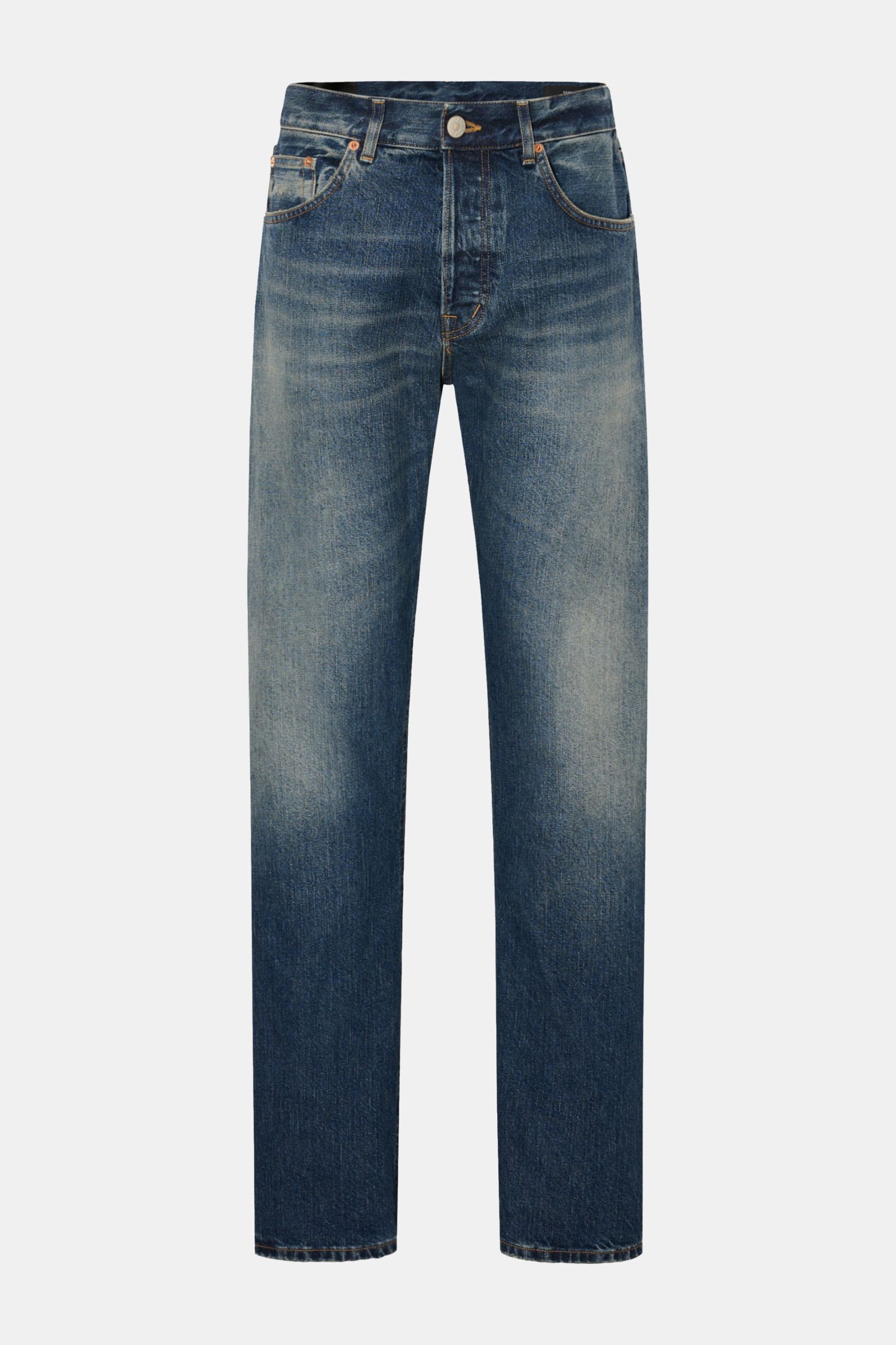 Dondup Jeans 'Bray' graublau im Five-Pocket-Stil, Regular Fit mit authentischer Used-Waschung und dezenten Distressed-Details, frontal fotografiert.