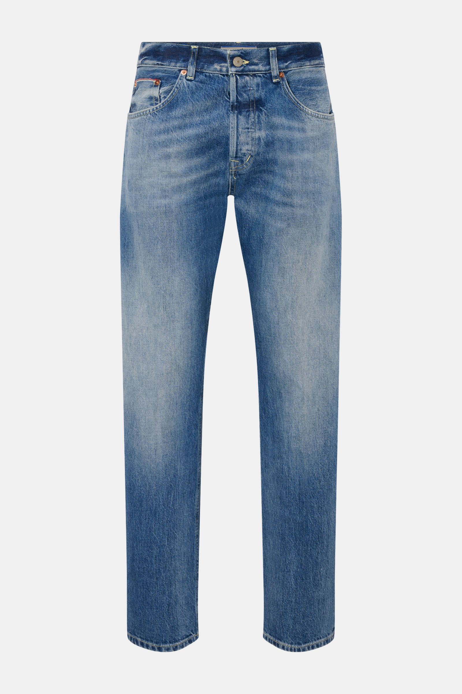 Dondup Jeans 'Bray' blau, Frontansicht, Regular Fit, hoher Bund, Button Fly, Five-Pocket-Stil, Denim aus reiner Baumwolle, Selvedge, leicht griffig, gerader Schnitt, Metall-Initial, innenliegendes Weblabel.