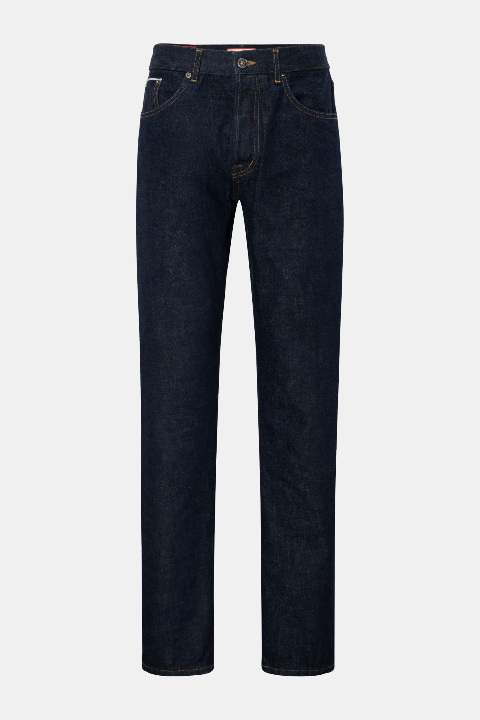 Dondup Jeans 'Bray' dark navy, frontale Ansicht, Denim aus reiner Baumwolle, Selvedge-Verarbeitung, Regular Fit, hohe Bundhöhe, Button Fly, Five-Pocket, gerader Schnitt, Metall-Initial, innenliegendes Weblabel, leicht griffige Haptik.