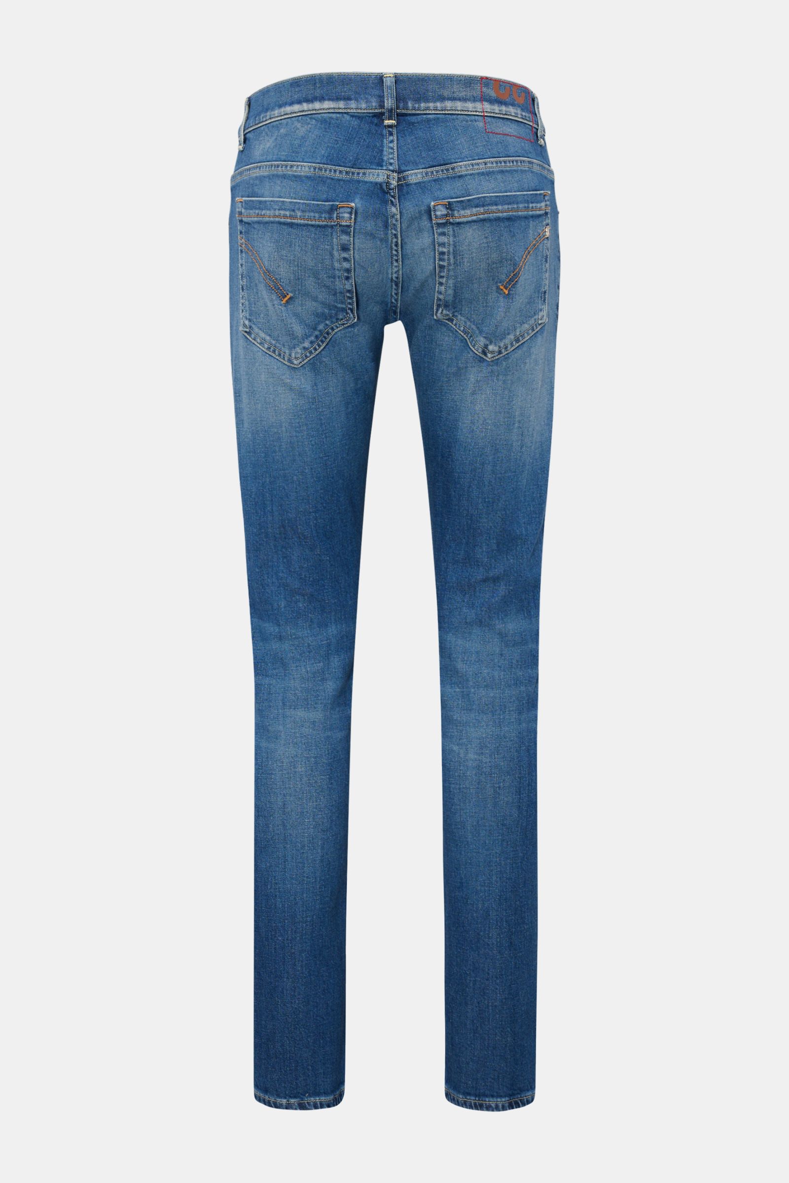 Back view of Dondup Jeans 'George' blue, denim made of cotton with slight stretch, soft feel, skinny fit, slim calf, authentic wash, button fly, five-pocket style with jetted coin pocket, back pockets with stitching, signature metal initial, and woven lab