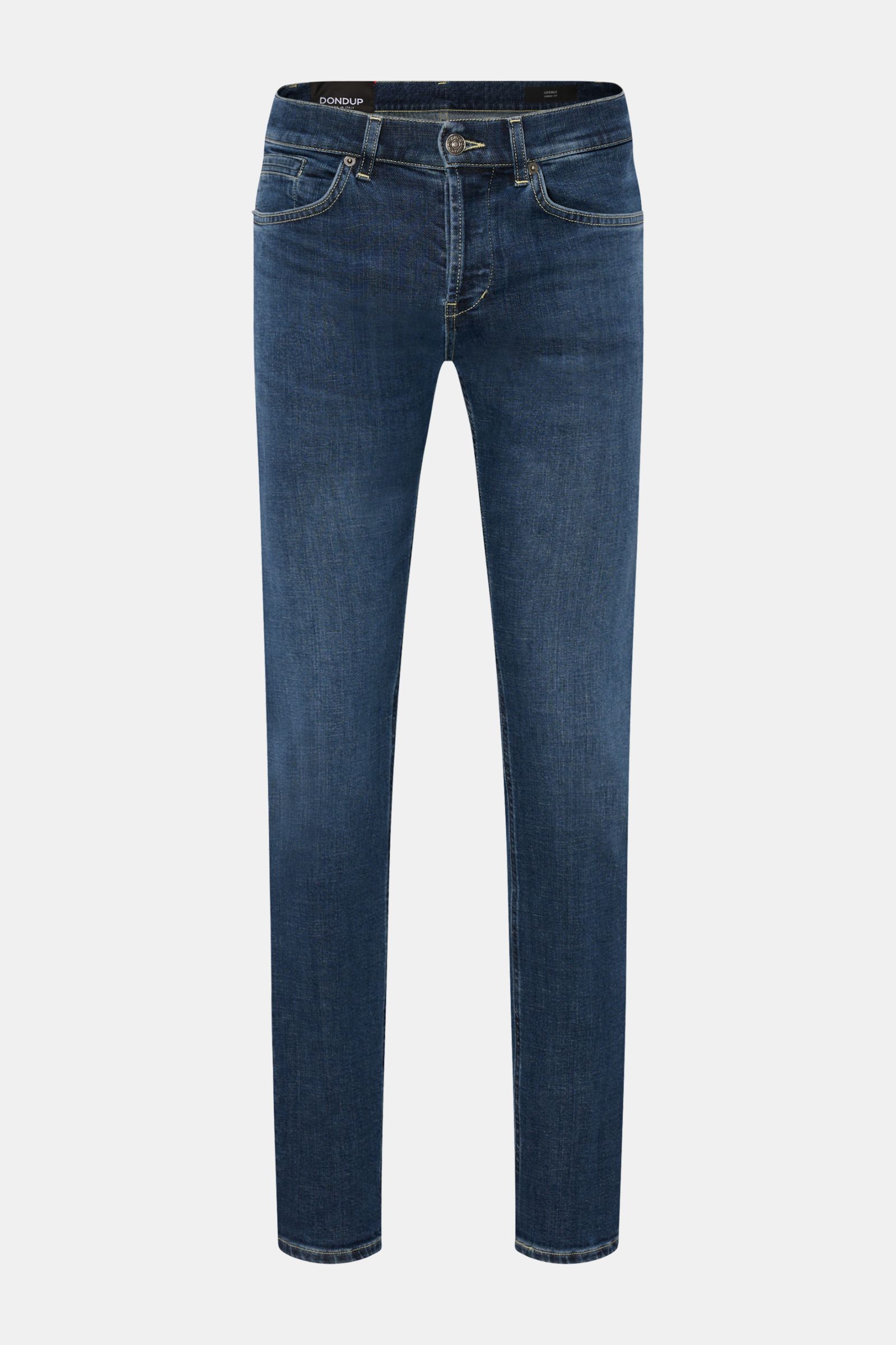 Dondup Jeans 'George' dunkelblau, frontal fotografiert, Denim aus Baumwolle, elastisch, weicher Griff, Skinny Fit, schmal geschnittene Wade, niedrige Bundhöhe, Button Fly, Five-Pocket-Stil, paspelierte Münztasche, Gesäßtaschen mit Stitching, Metall-Initia