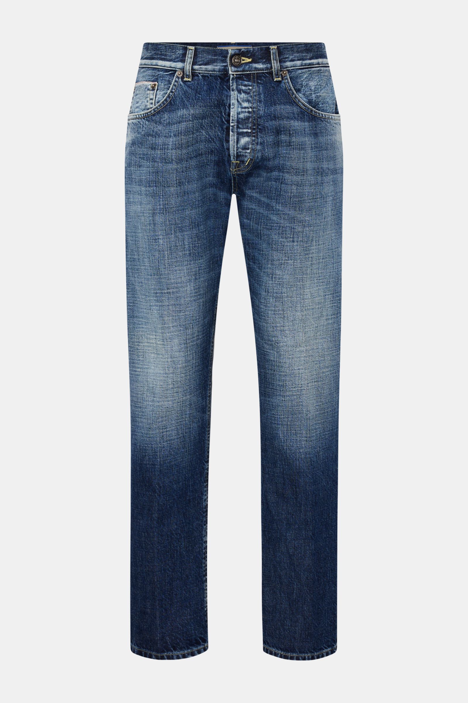 Dondup Jeans 'Bray' graublau, frontale Ansicht, Denim aus reiner Baumwolle, Selvedge, griffig, Regular Fit, hoher Bund, Button Fly, Five-Pocket, gerader Schnitt, starke Waschung, Metall-Initial, innenliegendes Weblabel.