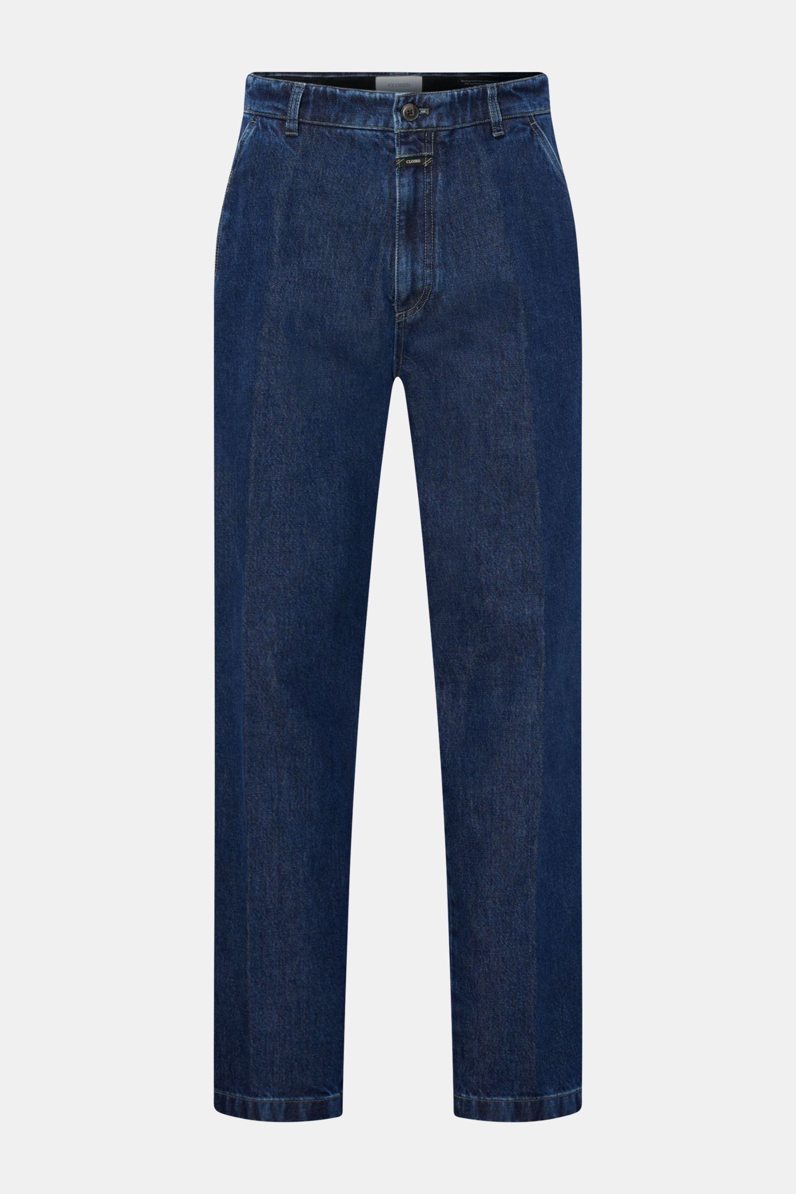 Closed Jeans 'Toledo Tapered' navy, frontale Ansicht, schmal zulaufend, Stone-Washed-Design, Zip Fly, französische Taschen, Baumwolle aus regenerativer Landwirtschaft.