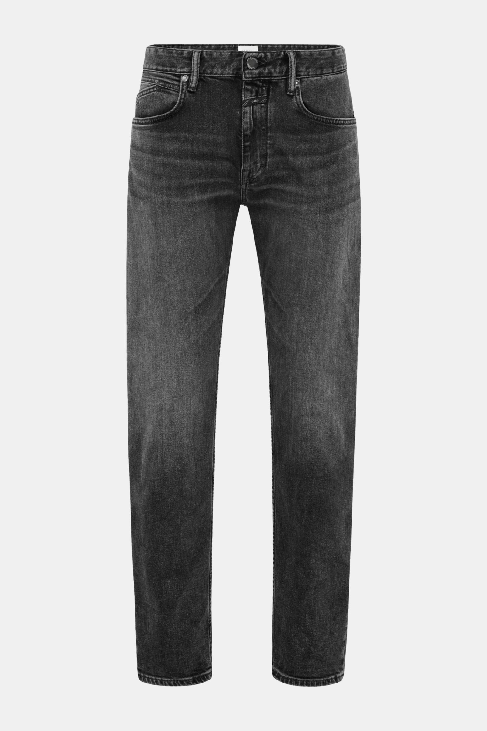Closed Jeans 'Cooper' anthrazit in Slim Fit, aus Baumwolle mit leichtem Stretch, Five-Pocket-Stil, Zip Fly, retour Patch, frontal fotografiert.