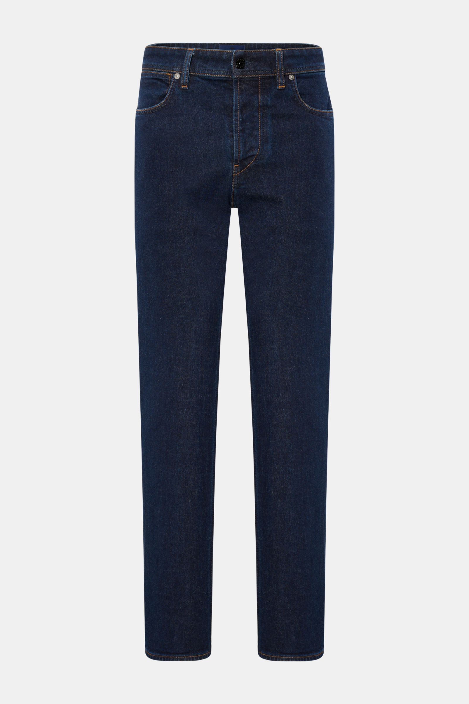 Stone Island Jeans 'Stretch Indigo Denim - Rinsed' dunkelblau, Slim Fit, elastisch, Five-Pocket-Stil, Button Fly, Kompass-Badge, frontale Aufnahme.