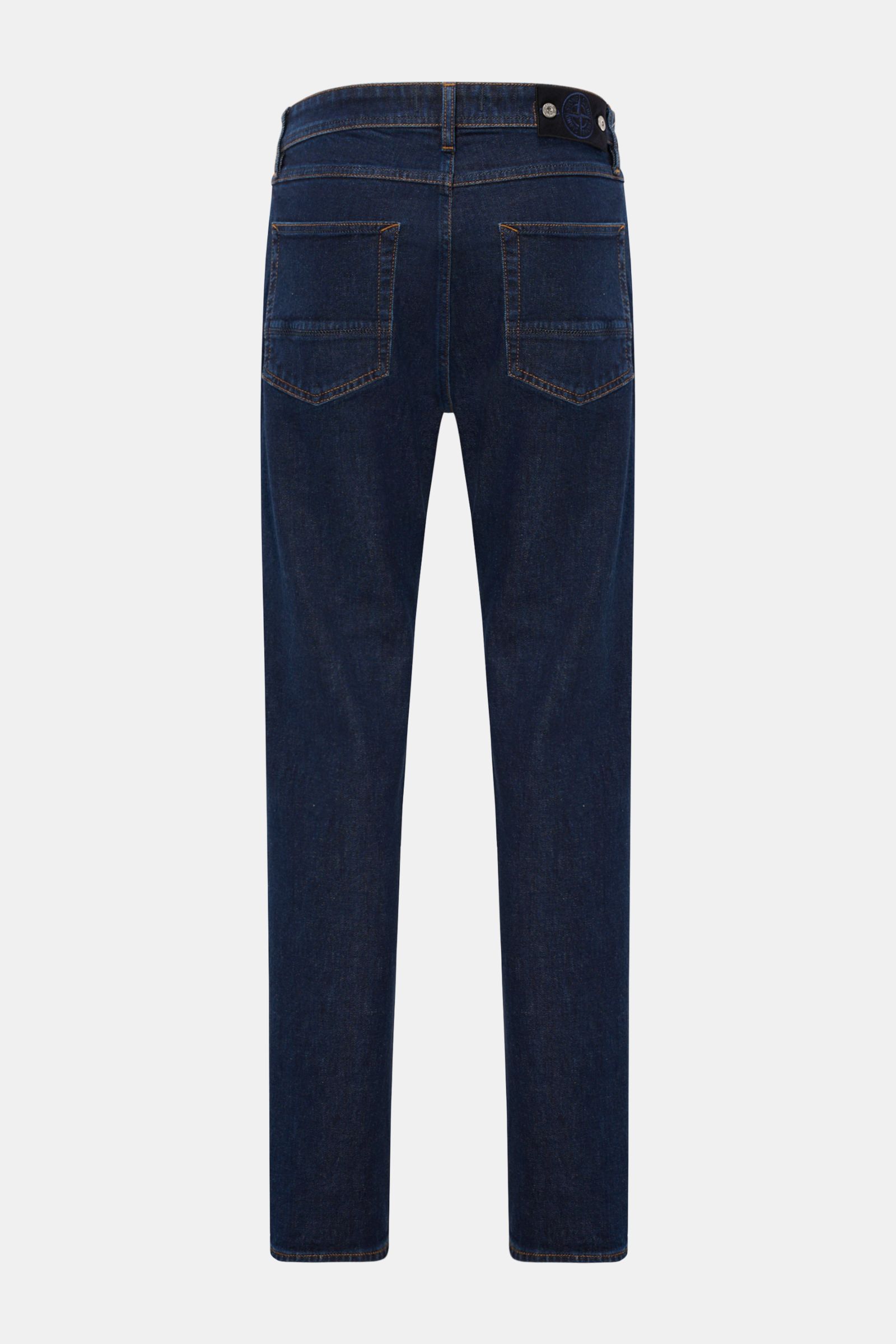 Stone Island Jeans 'Stretch Indigo Denim - Rinsed' dunkelblau, Slim Fit, schmal zulaufend, Rückansicht, Baumwolle, elastisch, Button Fly, Five-Pocket, Kompass-Badge.