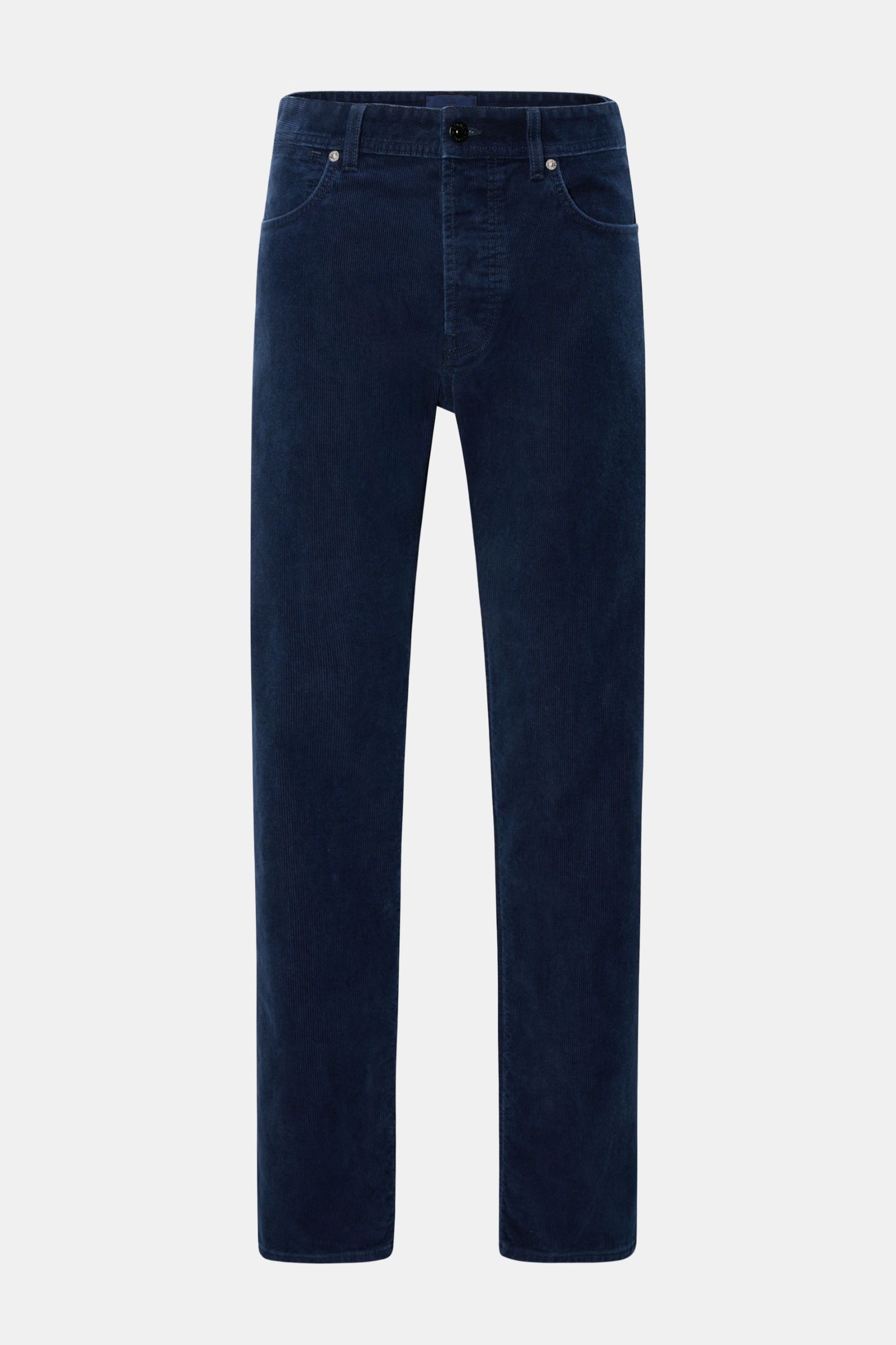 Front view of Stone Island Cordhose 'Micro Corduroy-Rinsed' navy, a straight fit corduroy pant in cotton-microfiber blend with button fly, five-pocket style, and signature compass badge on the waistband. Urbaner Klassiker in moderner Silhouette: Gefertigt