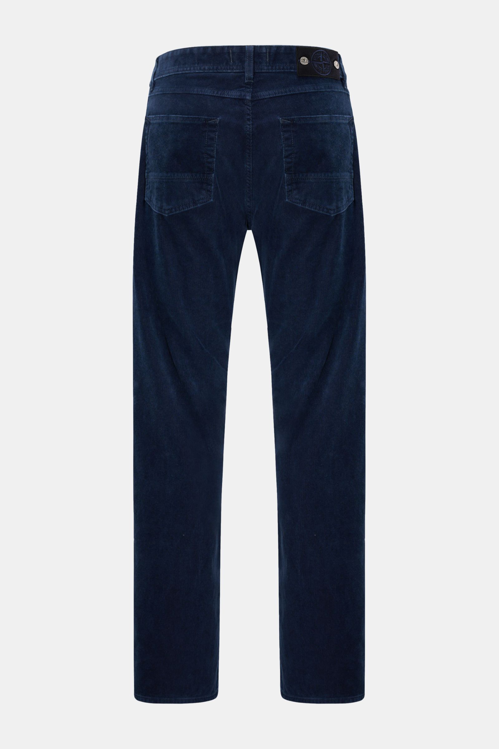 Rear view of Stone Island Cordhose 'Micro Corduroy-Rinsed' navy, straight fit corduroy pants with five-pocket style, button fly, and compass badge on waistband, made from cotton and microfiber with a washed pigment finish. Urban classic in a modern silhou