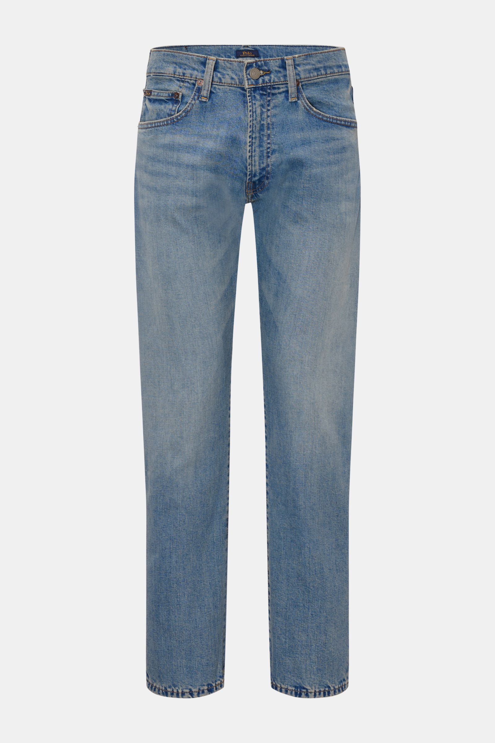 Polo Ralph Lauren Jeans rauchblau, Frontansicht, Regular Fit, Denim aus Baumwolle mit leichtem Stretch, Used-Waschung, Five-Pocket, Button Fly, Weblabel, Polo-Reiter-Stitching.