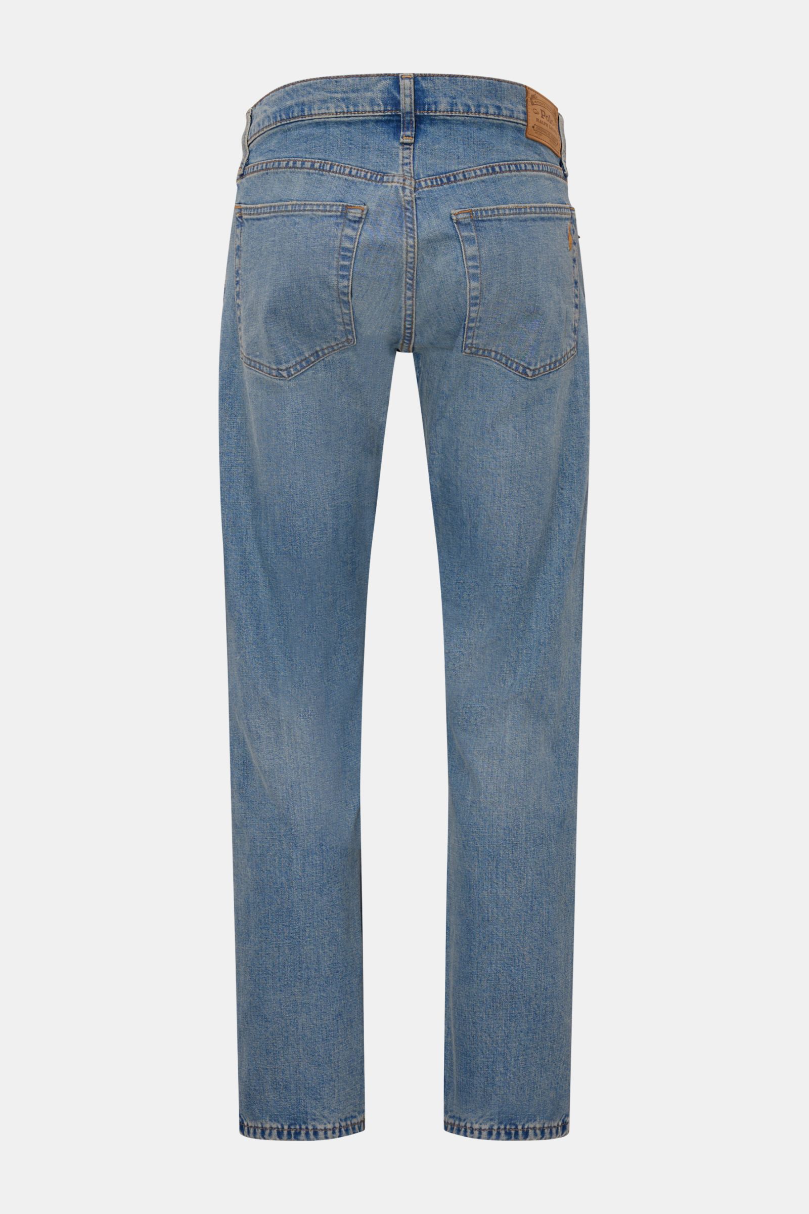 Polo Ralph Lauren Jeans rauchblau, Rückansicht, Regular Fit, Denim aus Baumwolle mit Stretch, Used-Waschung, Button Fly, Five-Pocket-Stil, Weblabel, Polo-Reiter-Stitching.