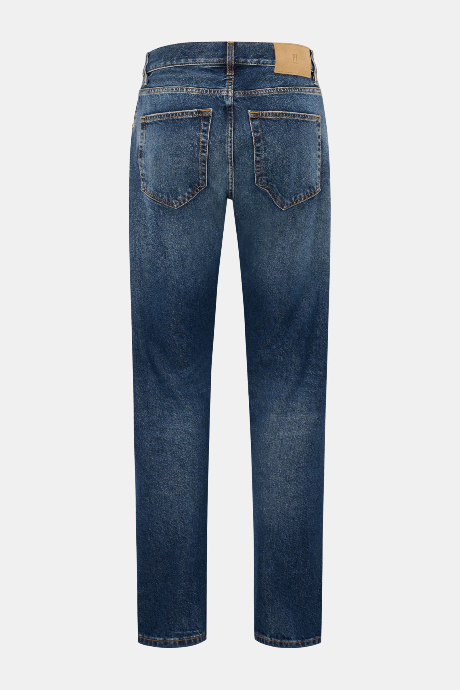 Rückansicht der PT Torino Denim Jeans 'Breakbeat' dunkelblau aus reinem Baumwoll-Denim mit weichem Griff, Used-Waschung, Slim Fit, Button Fly, Five-Pocket-Stil, Leather Patch und leichten Distressed-Effekten.