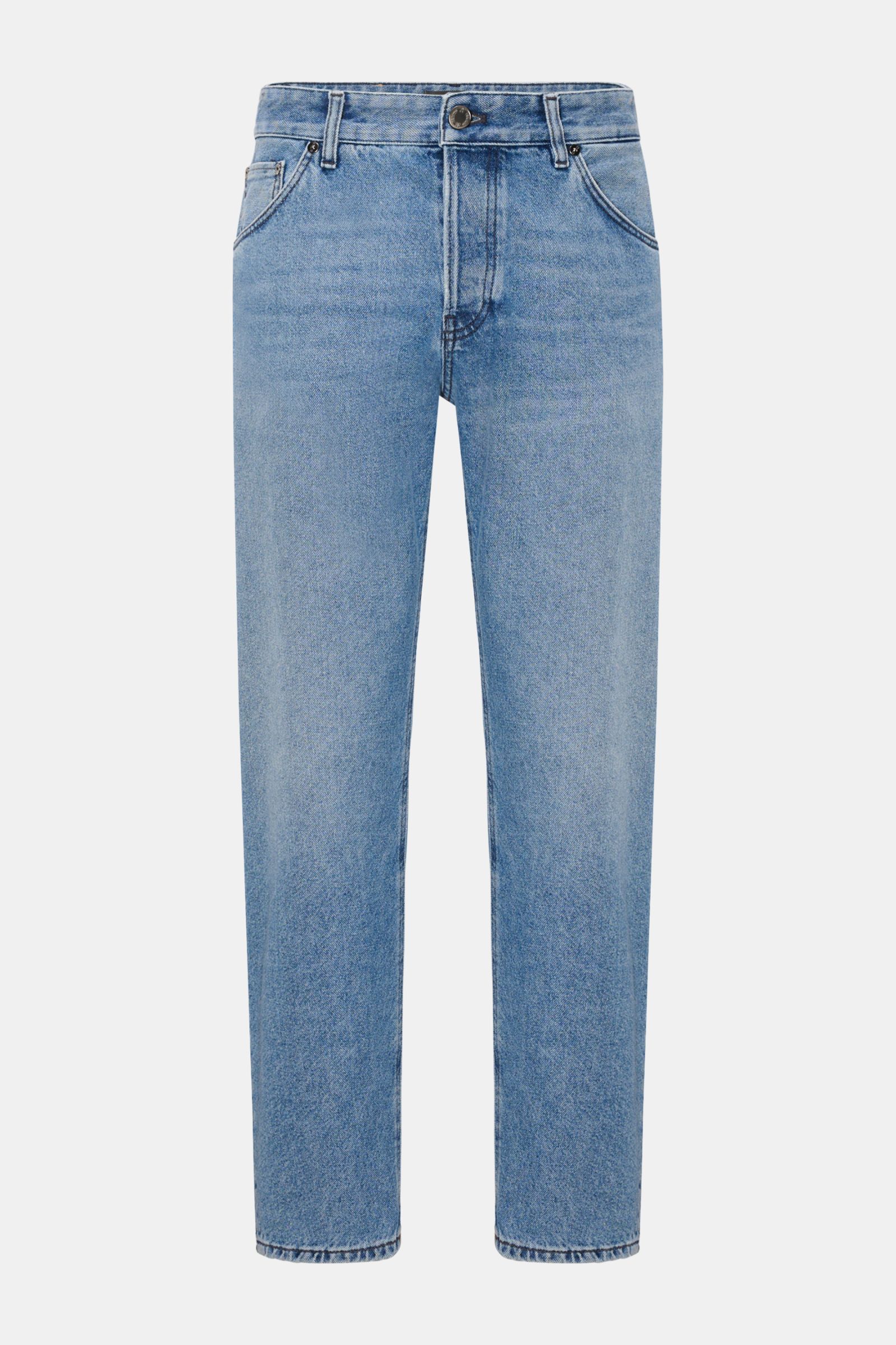 Front view of PT Torino Denim Jeans 'Rebel' rauchblau with authentic denim, subtle used finish, button fly, tapered fit, regular thigh width, ankle length, five-pocket style, leather patch, and soft pure cotton fabric. 

Description: Klassiker mit Twis
