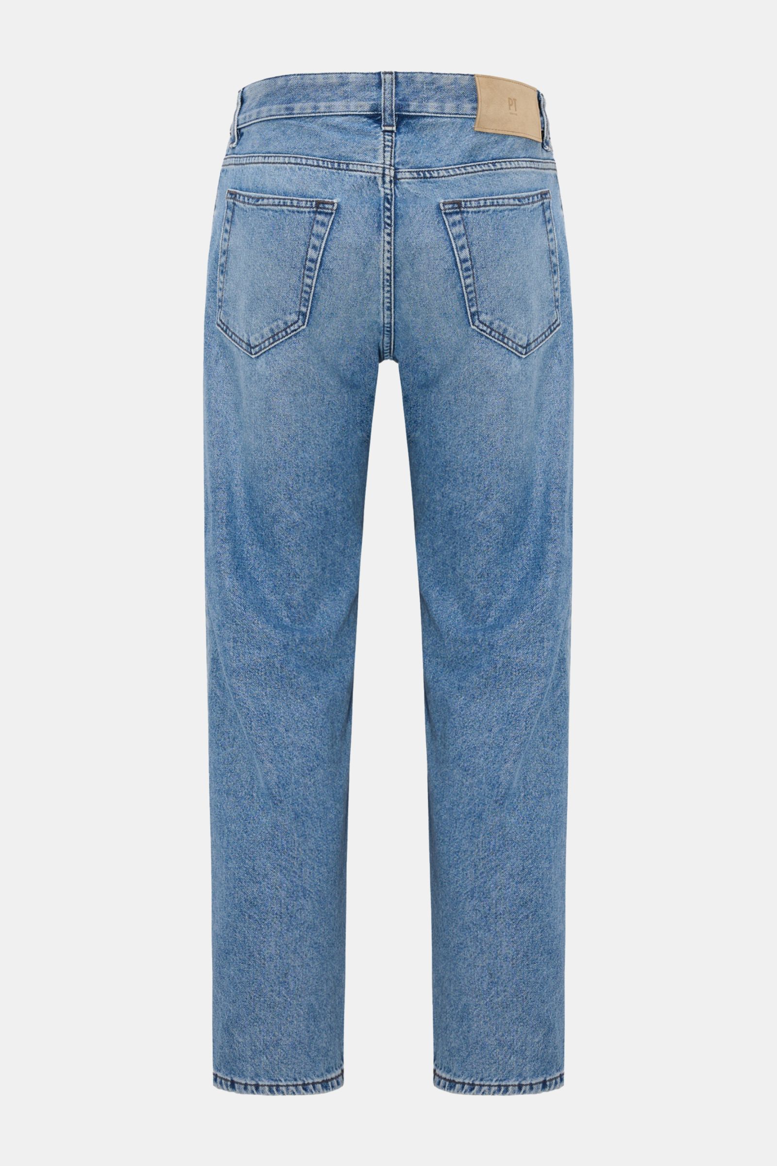 Rear view of PT Torino Denim Jeans 'Rebel' rauchblau in authentic denim with subtle used finish, button fly, tapered fit, and leather patch. Classic five-pocket style, cropped length, regular thigh width, made from soft pure cotton.

Description: Klass