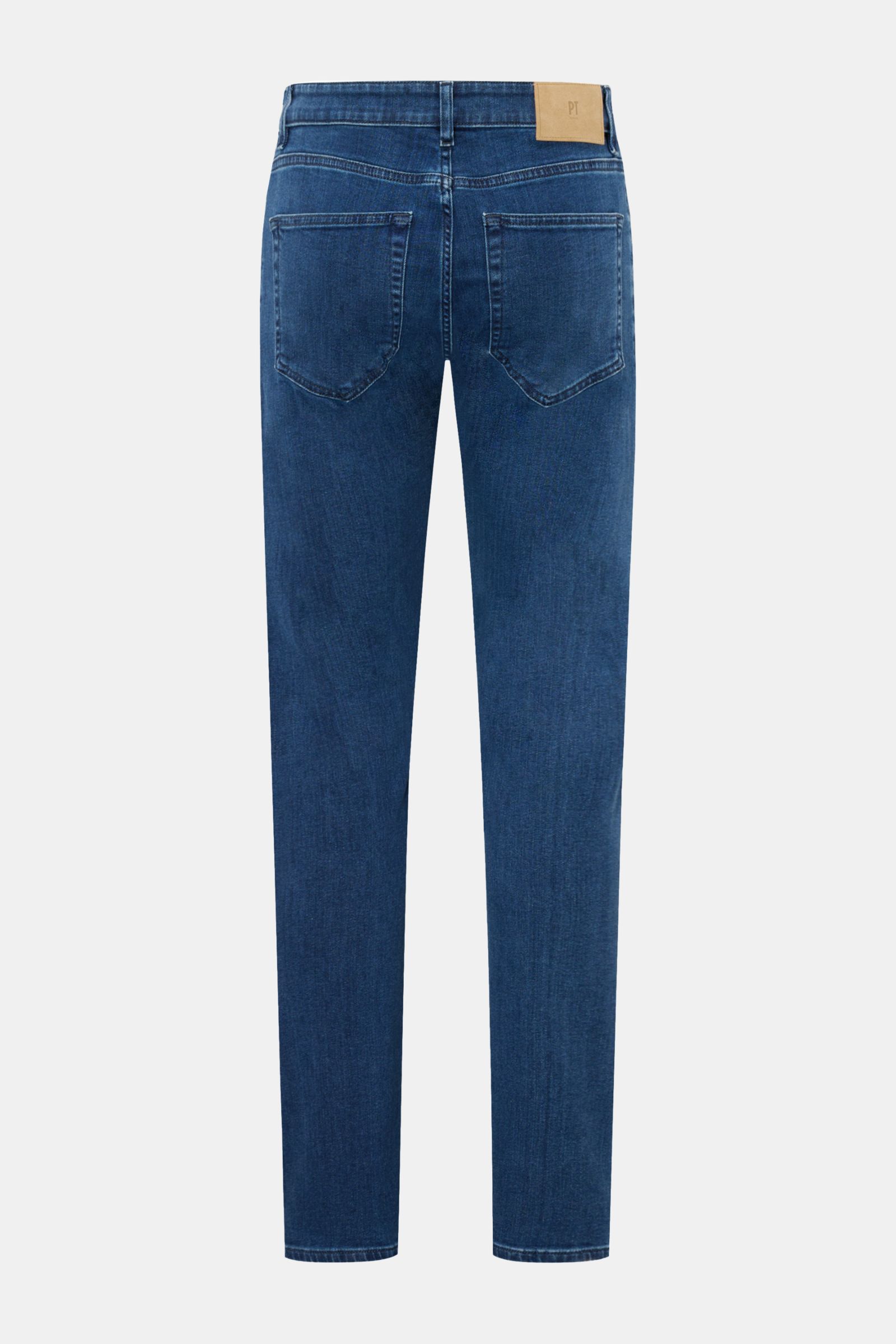 PT Torino Denim Jeans 'Jazz' dunkelblau shown from the back, slim fit with high stretch cotton-lyocell denim, five pockets, zip fly, leather patch, soft feel, subtle used wash, narrow calf, tapered leg. For timeless style with maximum comfort.
