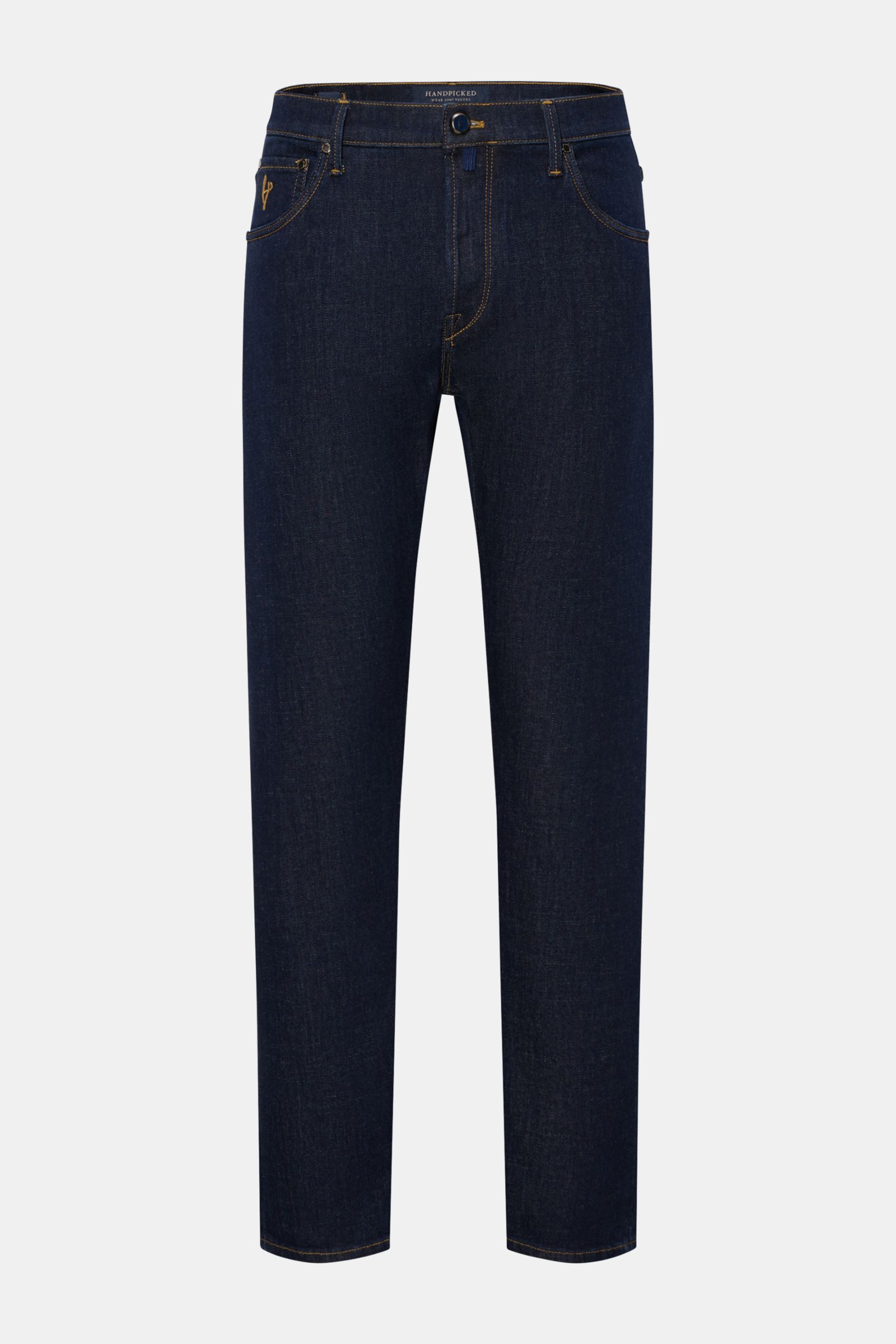 HandPicked Jeans 'Verona' navy, frontale Ansicht, Denim aus Baumwolle mit leichtem Stretch, Tapered Fit, kurzer Schnitt, Button Fly, Five-Pocket-Stil, Leather Patch, weicher Griff, echtes Indigo.