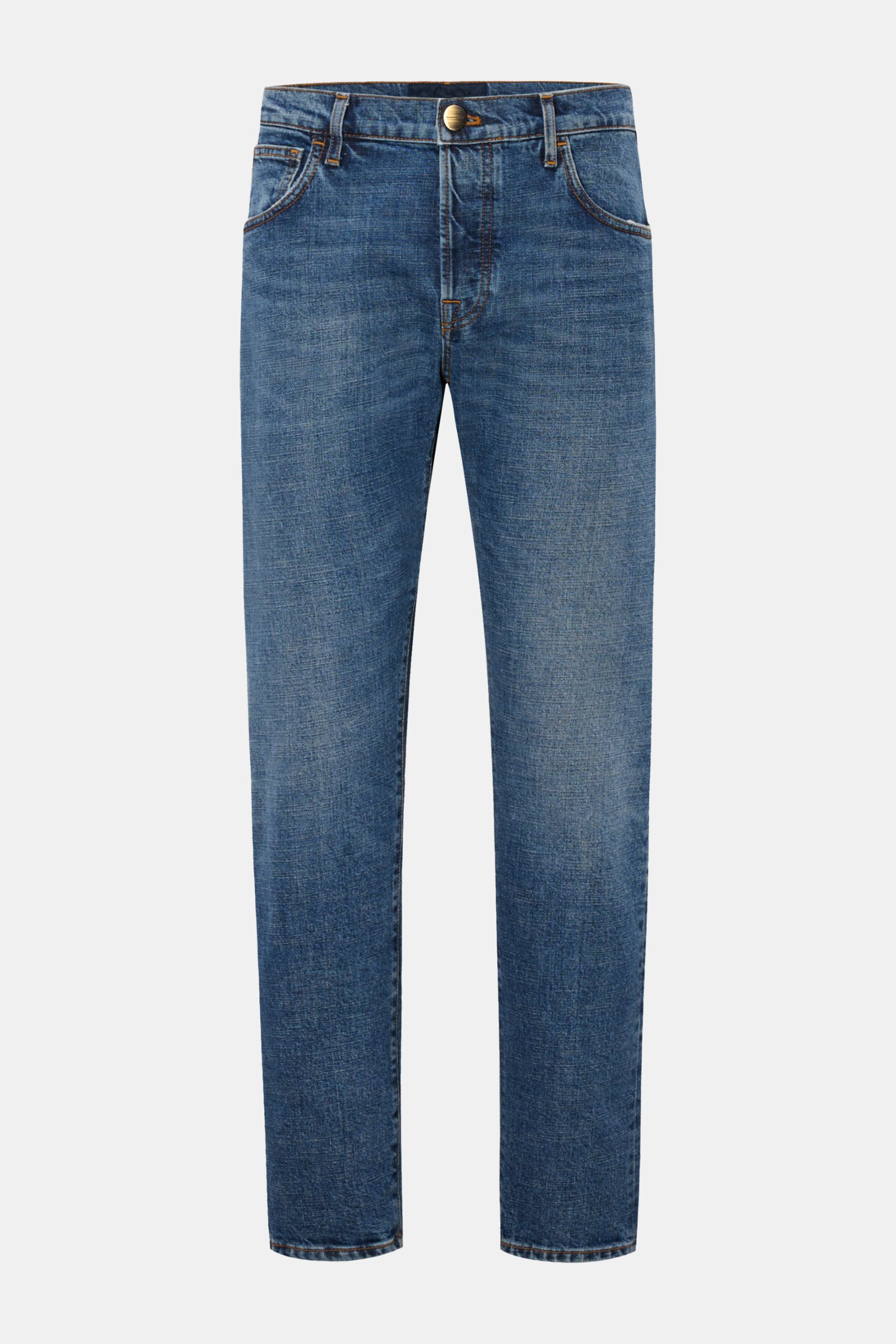 Front view of HandPicked Jeans 'Ravello' graublau in slim fit, denim cotton with light stretch, firm grip, authentic used wash, narrow taper, button fly, five-pocket style, and leather patch with stitching.