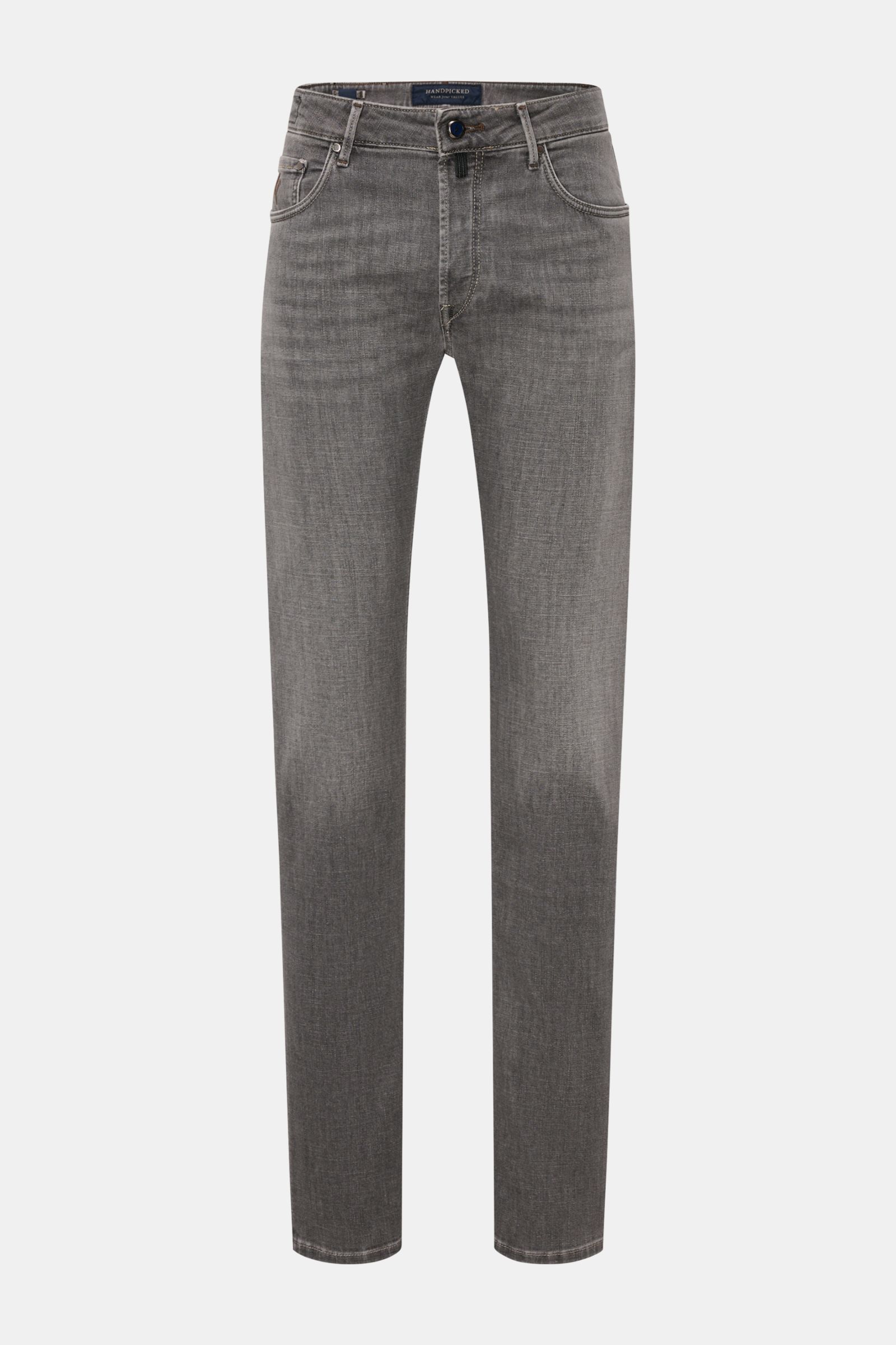 HandPicked Jeans 'Ravello' grau, Frontansicht, Slim Fit, schmal zulaufend, Denim aus Baumwolle und Microfaser, elastisch, weicher Griff, Used-Waschung, Button Fly, Five-Pocket-Stil, Münztasche mit Initial, Gesäßtaschen mit Stitching, Leather Patch.