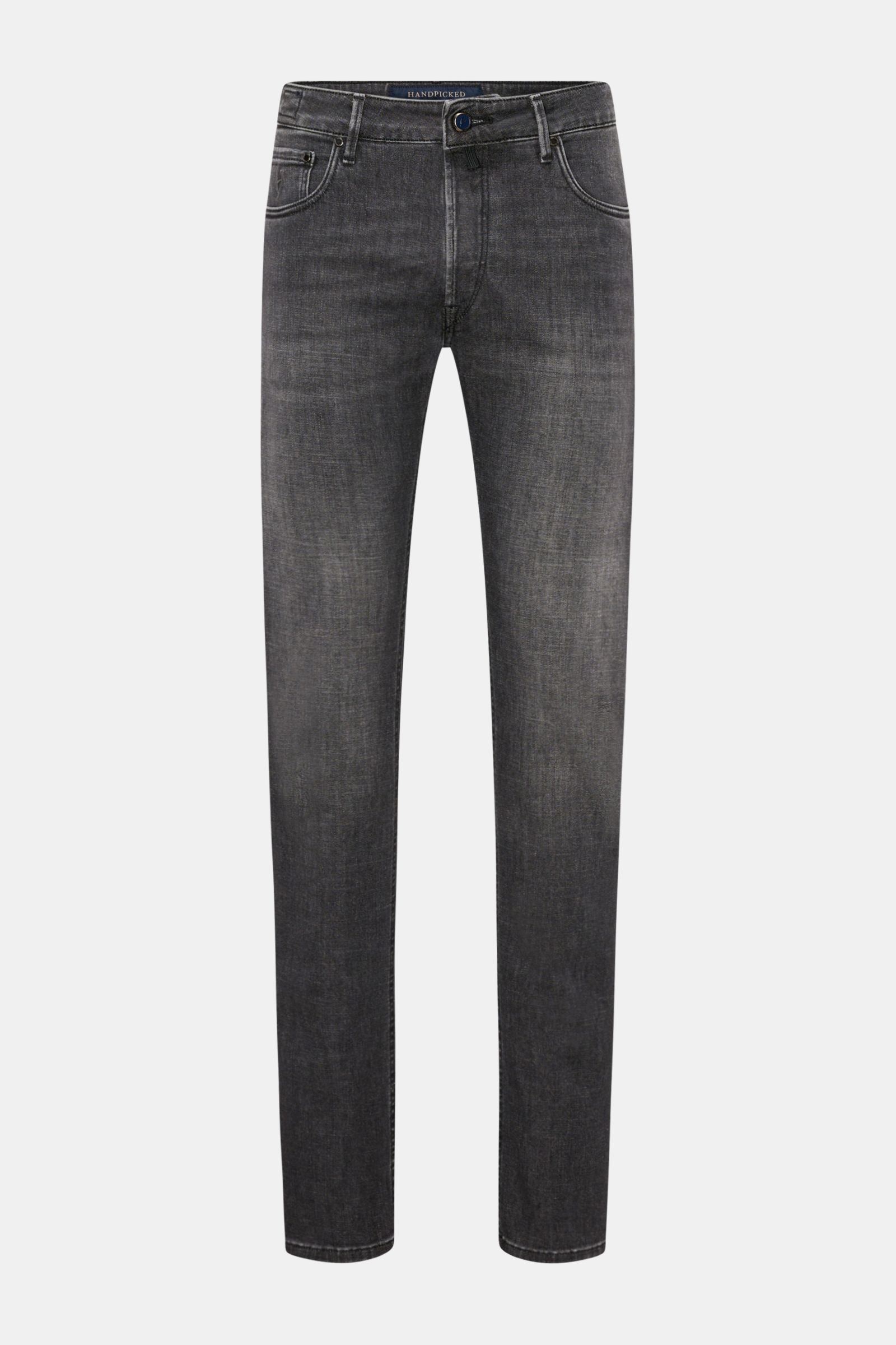 HandPicked Jeans 'Ravello' dunkelgrau, frontale Ansicht, Slim Fit, elastisch, Baumwolle/Microfaser, Used-Waschung, Button Fly, Five-Pocket, Münztasche mit Initial, Gesäßtaschen mit Stitching, Leather Patch, weicher Griff.