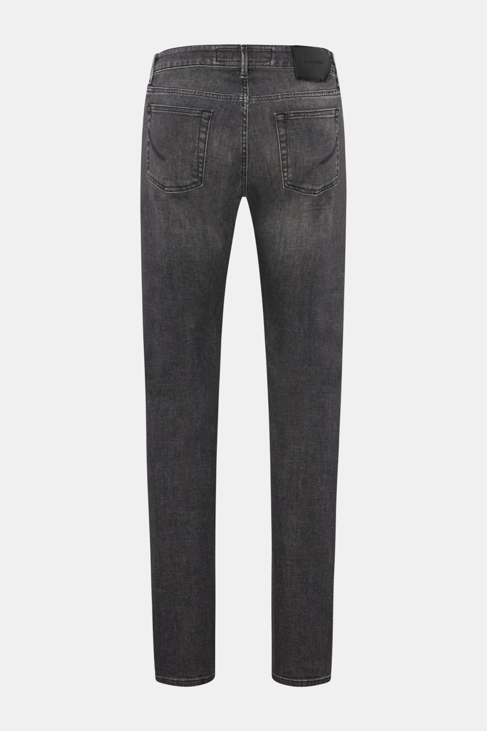 HandPicked Jeans 'Ravello' dunkelgrau von hinten, Slim Fit, schmal zulaufend, Denim aus Baumwolle und Microfaser, elastisch, weicher Griff, Used-Waschung, Button Fly, Five-Pocket mit Münztasche, Gesäßtaschen mit Stitching, Leather Patch.
