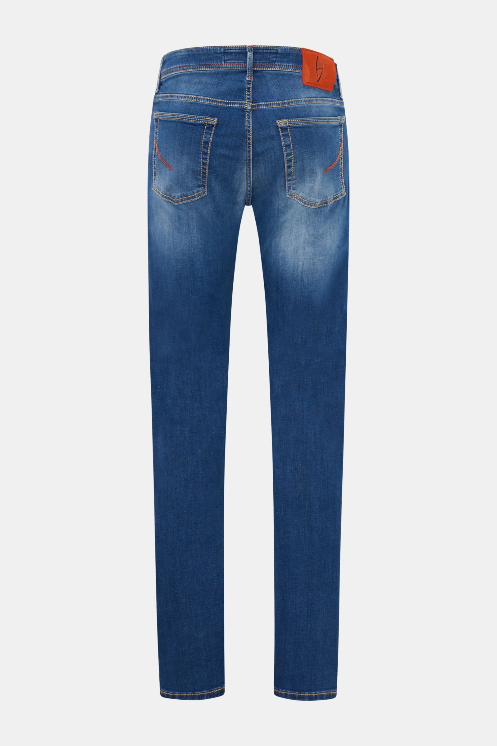 HandPicked Jeans 'Ravello' blau, Rückansicht, Denim aus Baumwolle, elastisch, weich, Used-Waschung, Slim Fit, schmal, Button Fly, Five-Pocket, Münztasche mit Initial, Gesäßtaschen mit Stitching, Leather Patch.