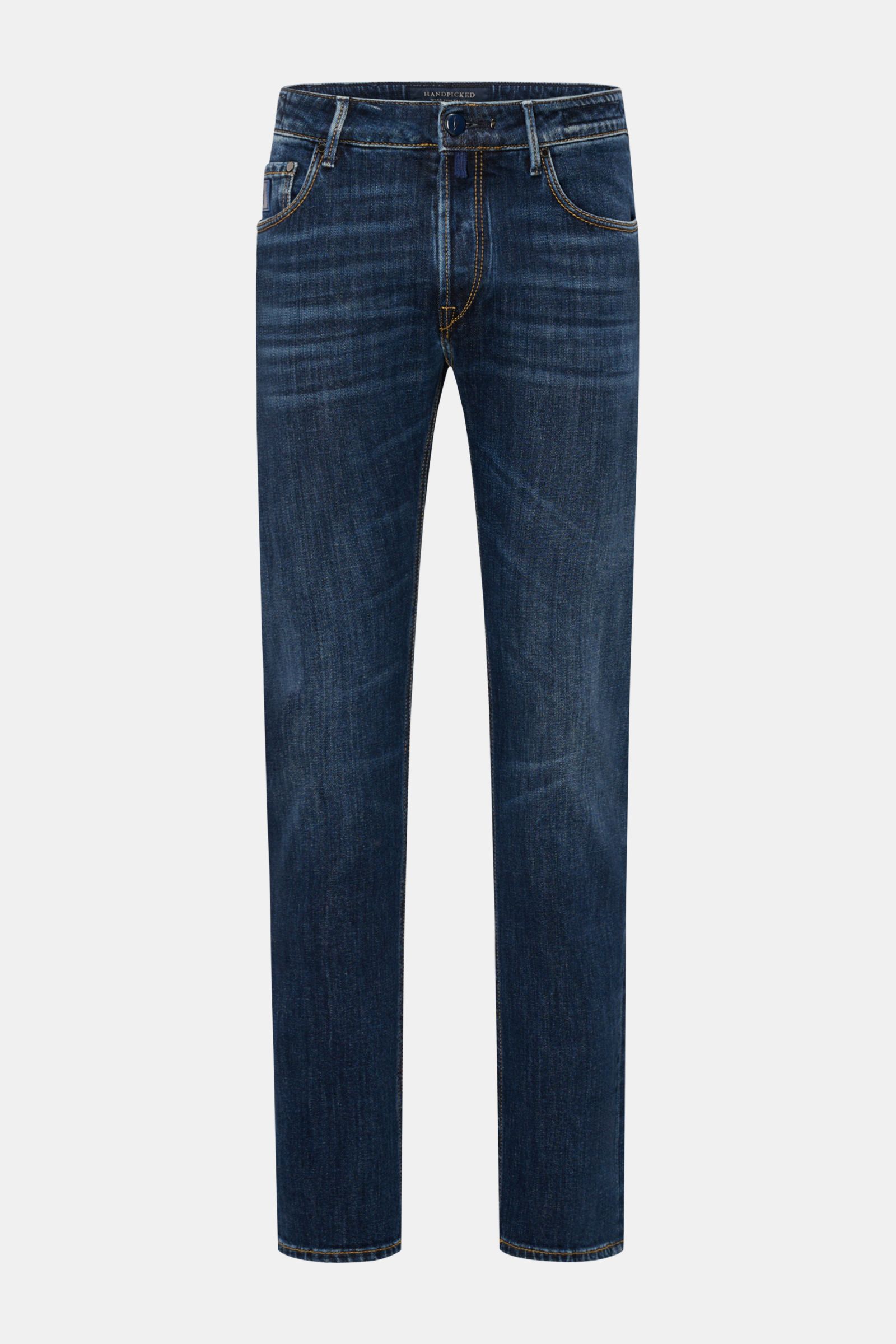 Front view of HandPicked Jeans 'Ravello' navy, slim fit denim with slight stretch, button fly, five-pocket style, and leather patch.

Description: HAND PICKED celebrates the love of denim with fine details like high-gloss, branded buttons and genuine i