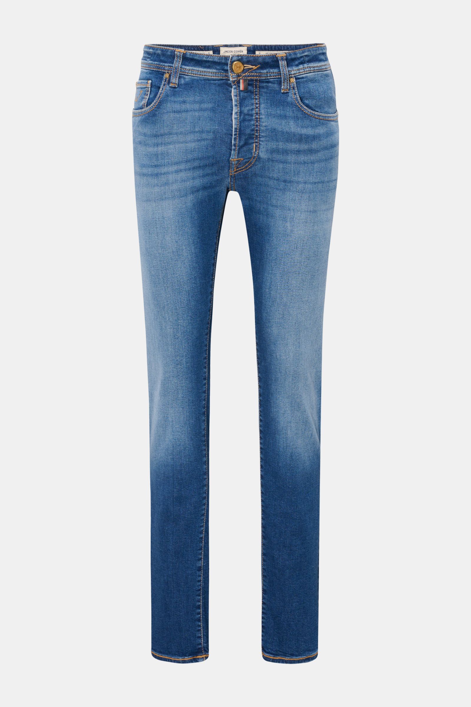 Jacob Cohen Jeans 'Bard LTD' blau, Slim Fit, schmal zulaufend, moderne Used-Waschung, Kalbfell-Patch, Button Fly, Five-Pocket, Frontansicht.