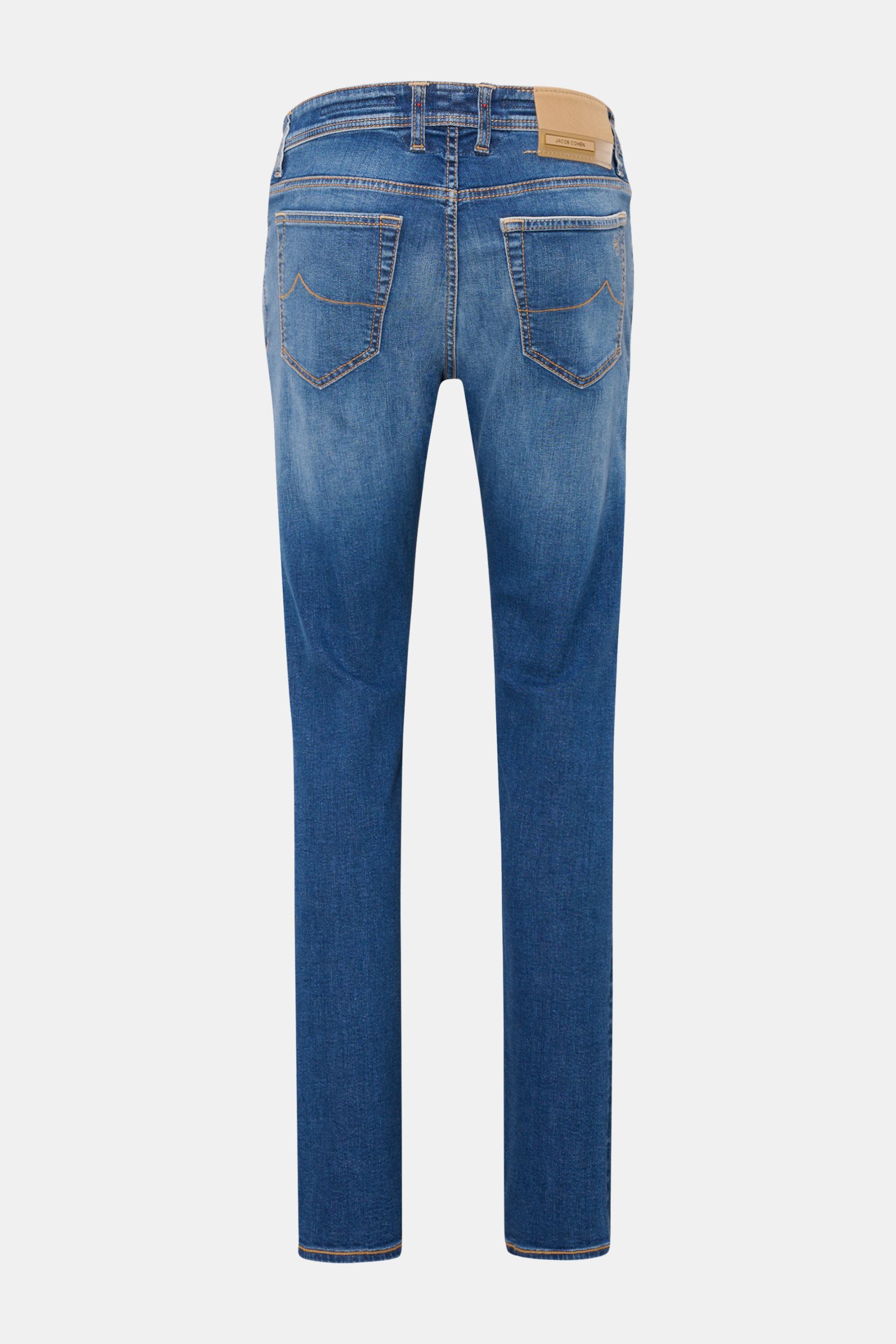 Jacob Cohen Jeans 'Bard LTD' blau, Rückansicht, Slim Fit mit Used-Waschung, Kalbfell-Patch, Selvedge, Stretch, Five-Pocket-Stil, limitierte Auflage.