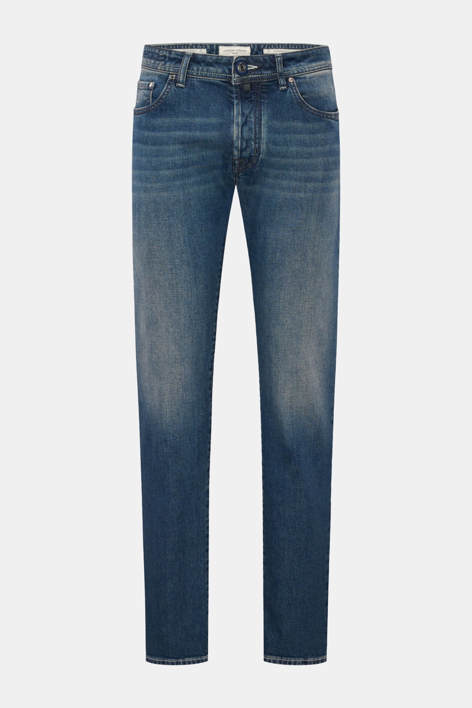 Front view of Jacob Cohen Jeans 'Bard' navy made of cotton, lyocell, and microfiber denim, slim fit, tapered, soft touch, with button fly, contrast stitching, five-pocket style, coin pocket with initial, back pockets with stitching, and leather patch.