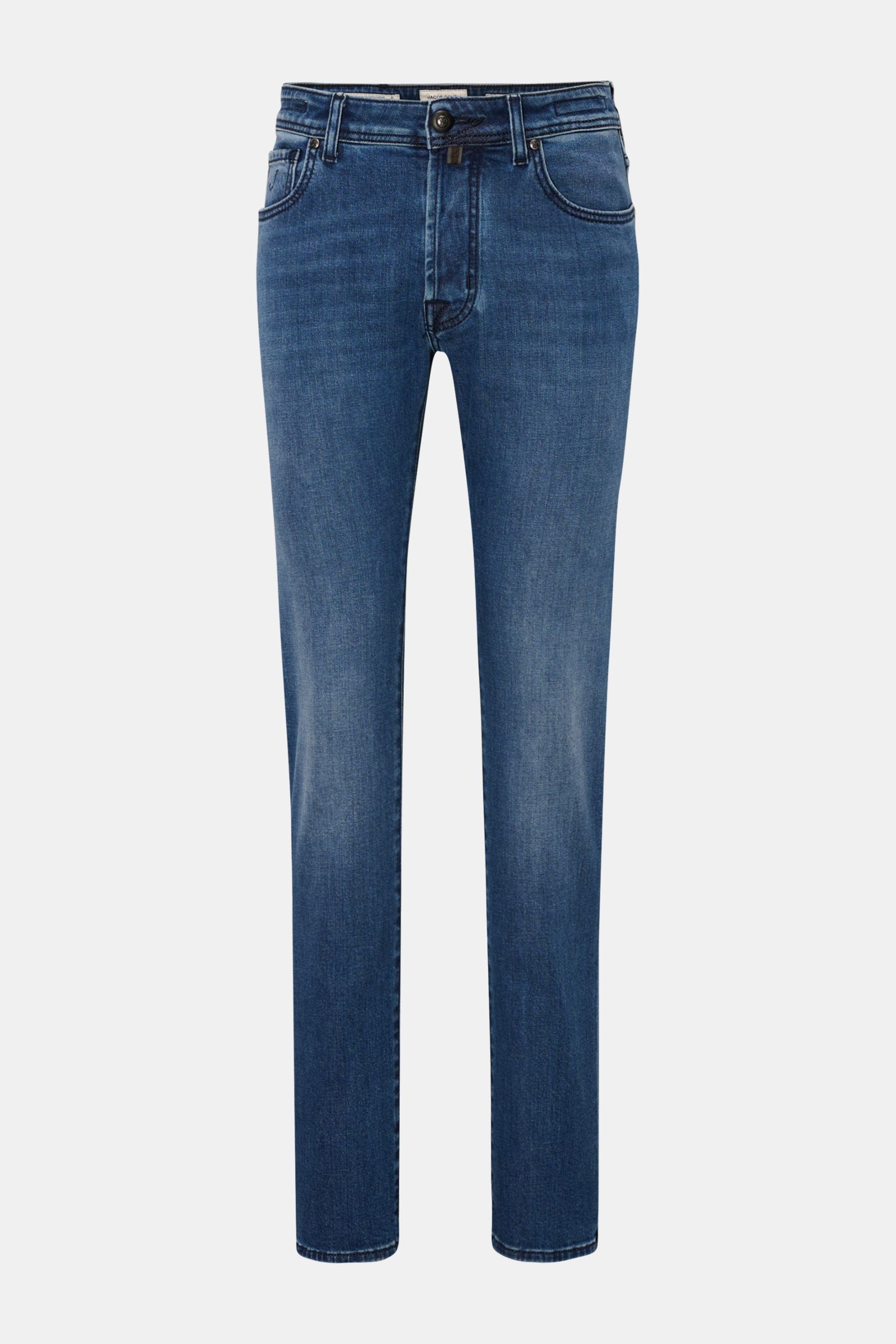 Jacob Cohen Jeans 'Bard' dunkelblau, Frontansicht, Slim Fit, schmal zulaufend, Denim aus Baumwolle und Cashmere, weich, leicht elastisch, Button Fly, Five-Pocket-Stil, Münztasche mit Initial, Gesäßtaschen mit Stitching, Leather Patch.