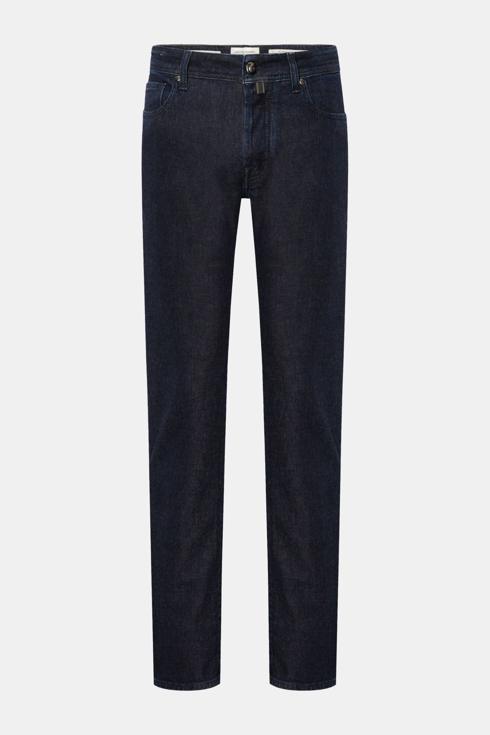 Front view of Jacob Cohen Jeans 'Bard' navy in slim fit, made of cotton and cashmere denim, slightly elastic, soft touch, button fly, five-pocket style, coin pocket with initial, tonal stitching on back pockets, and leather patch.