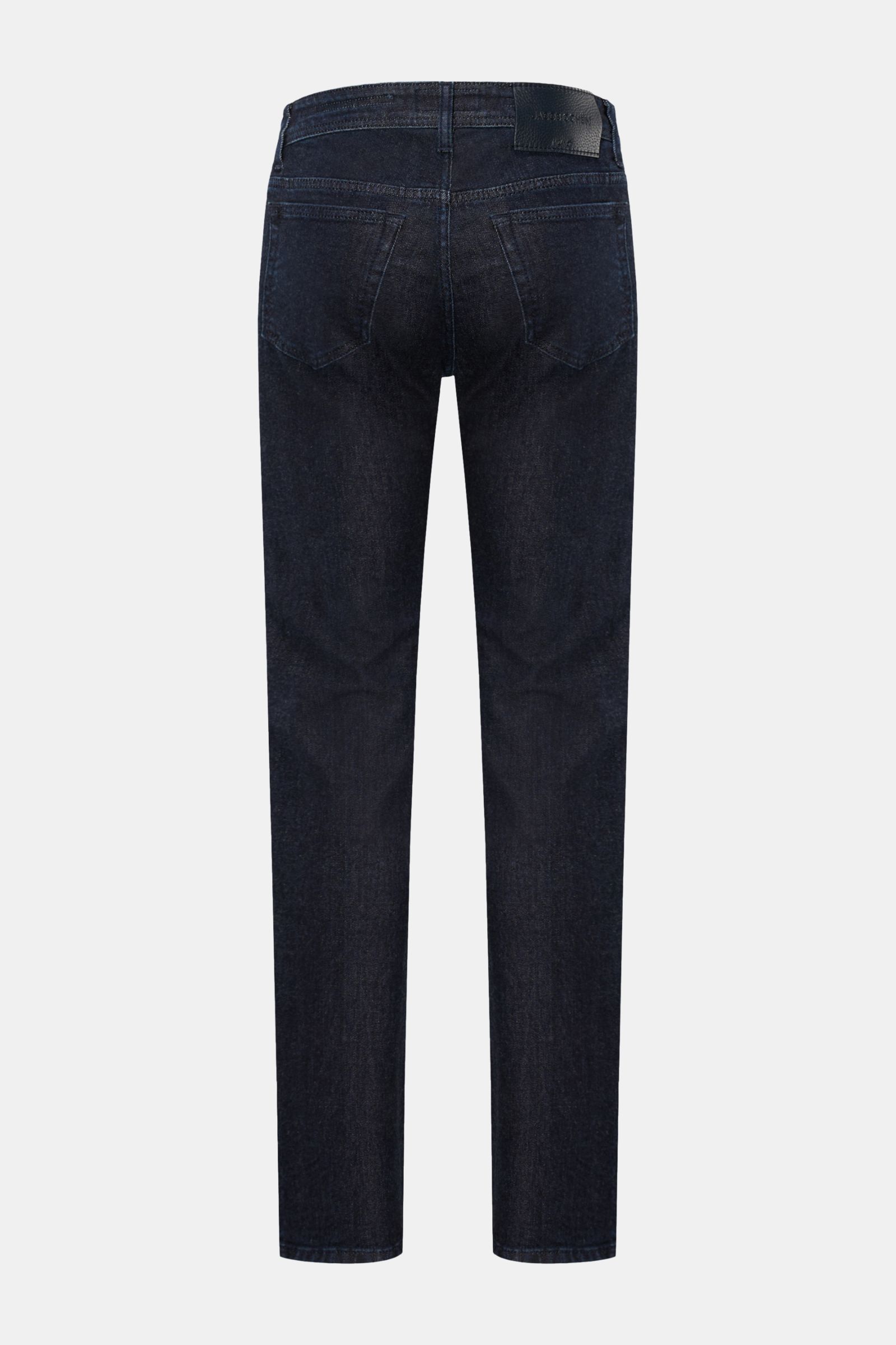Back view of Jacob Cohen Jeans 'Bard' navy, slim fit, narrow tapered, button fly, five-pocket style with coin pocket initial, tonal stitching on back pockets, leather patch, made of cotton and cashmere denim, slightly elastic, soft touch.