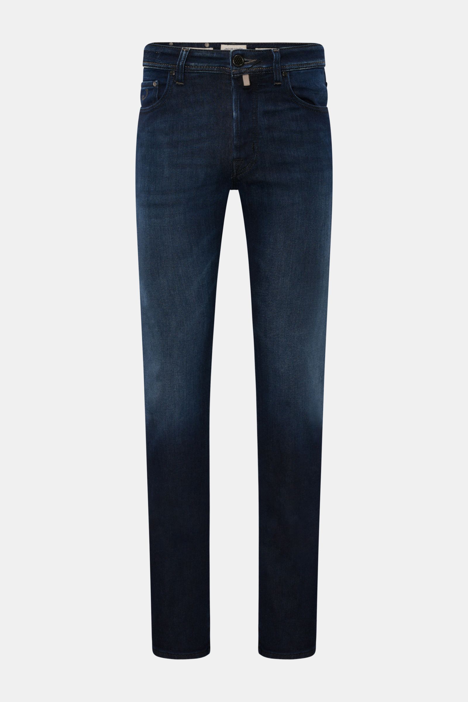 Front view of Jacob Cohen Jeans 'Bard' navy, slim fit, tapered denim made from cotton, lyocell, microfiber, soft touch, slightly stretchy, contrast stitching, button fly, five-pocket style, coin pocket with initial, back pockets with stitching, leather pa