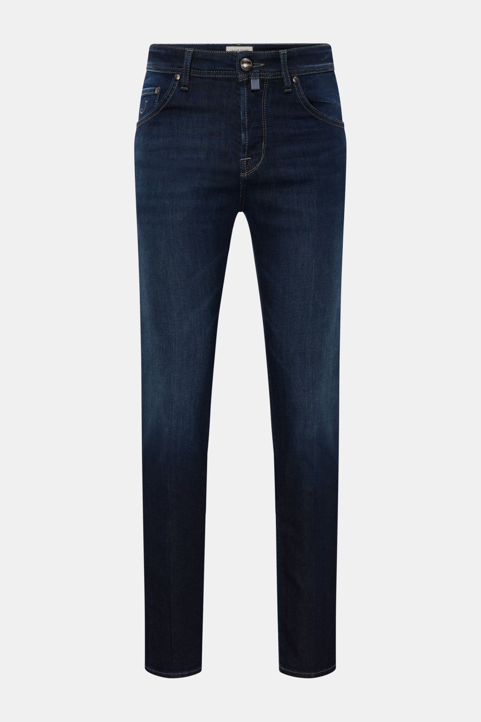 Front view of Jacob Cohen Jeans 'Scott' navy, slim fit, ankle-length denim made of cotton, lyocell, microfiber, elastic quality, soft touch, subtle used wash, button fly, five-pocket style with coin pocket initial, back pockets with stitching, and velour 