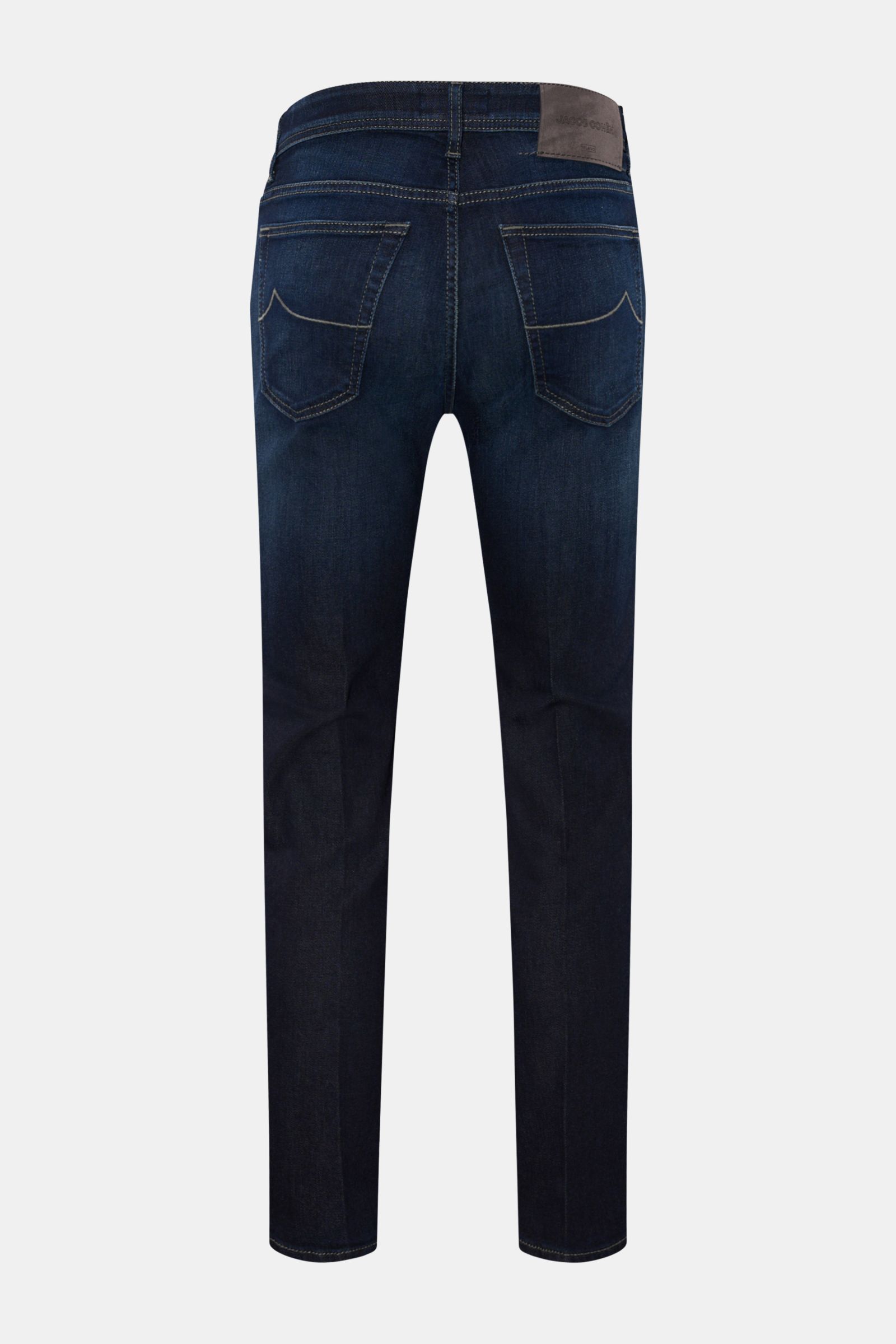 Jacob Cohen Jeans 'Scott' navy photographed from the back, slim fit, ankle-length, very tapered, button fly, five-pocket style, soft grip denim with subtle used wash, coin pocket with initial, back pockets with stitching, velours leather patch, made from 