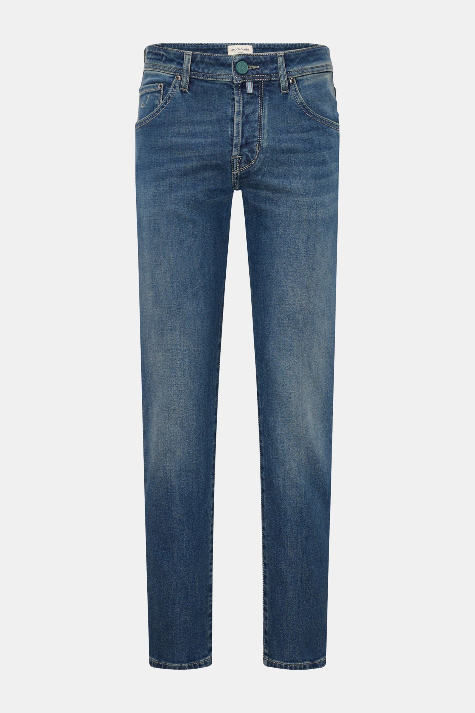 Front view of Jacob Cohen Jeans 'Scott' graublau in denim made from cotton and lyocell, featuring elastic quality, soft touch, subtle used wash, slim fit, high waist, ankle-length, very tapered, button fly, five-pocket style, coin pocket with initial, bac