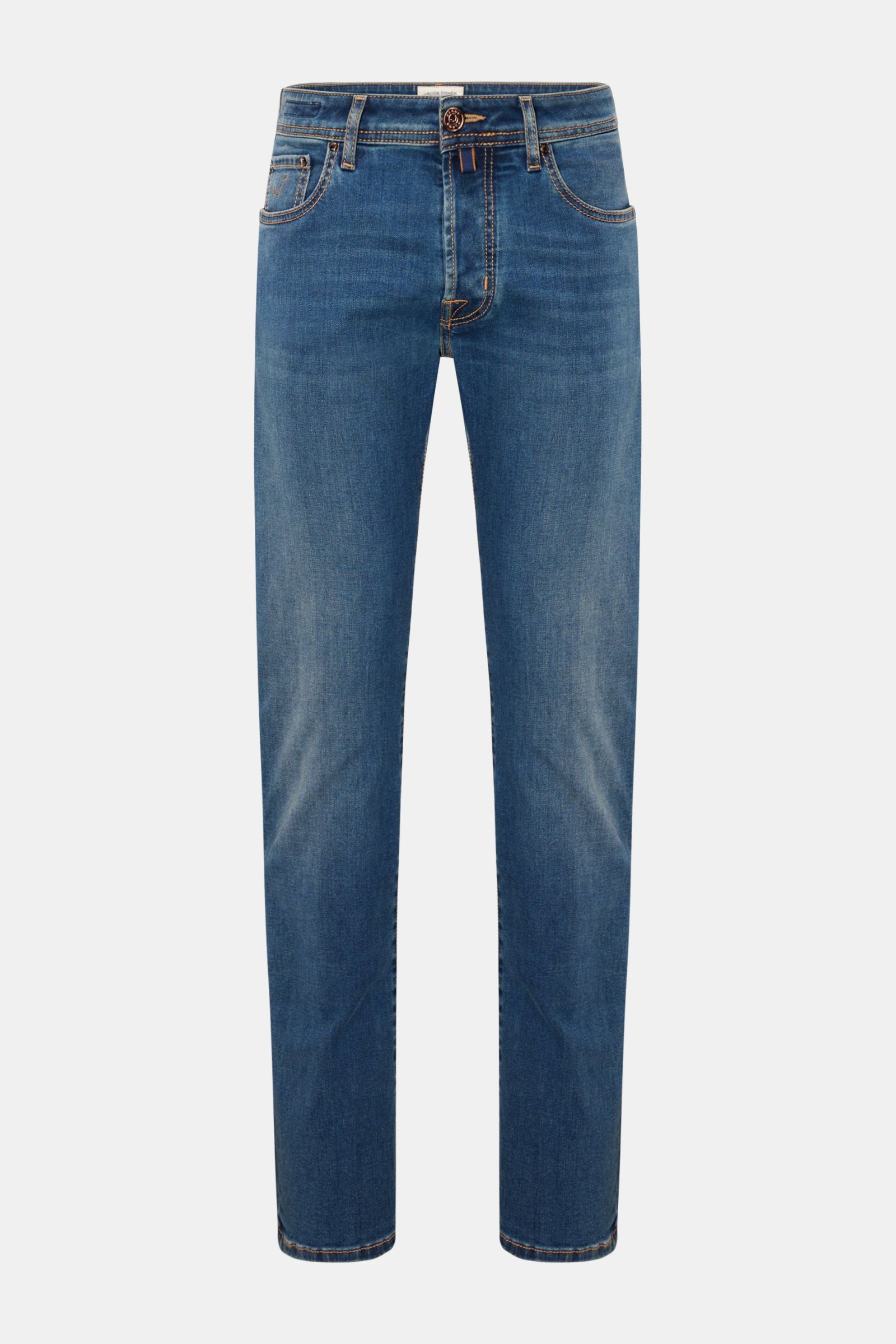 Jacob Cohen Jeans 'Bard' dunkelblau im Slim Fit, frontale Nahaufnahme mit Button Fly, Five-Pocket-Stil, Used-Waschung, leicht stretchigem Denim.