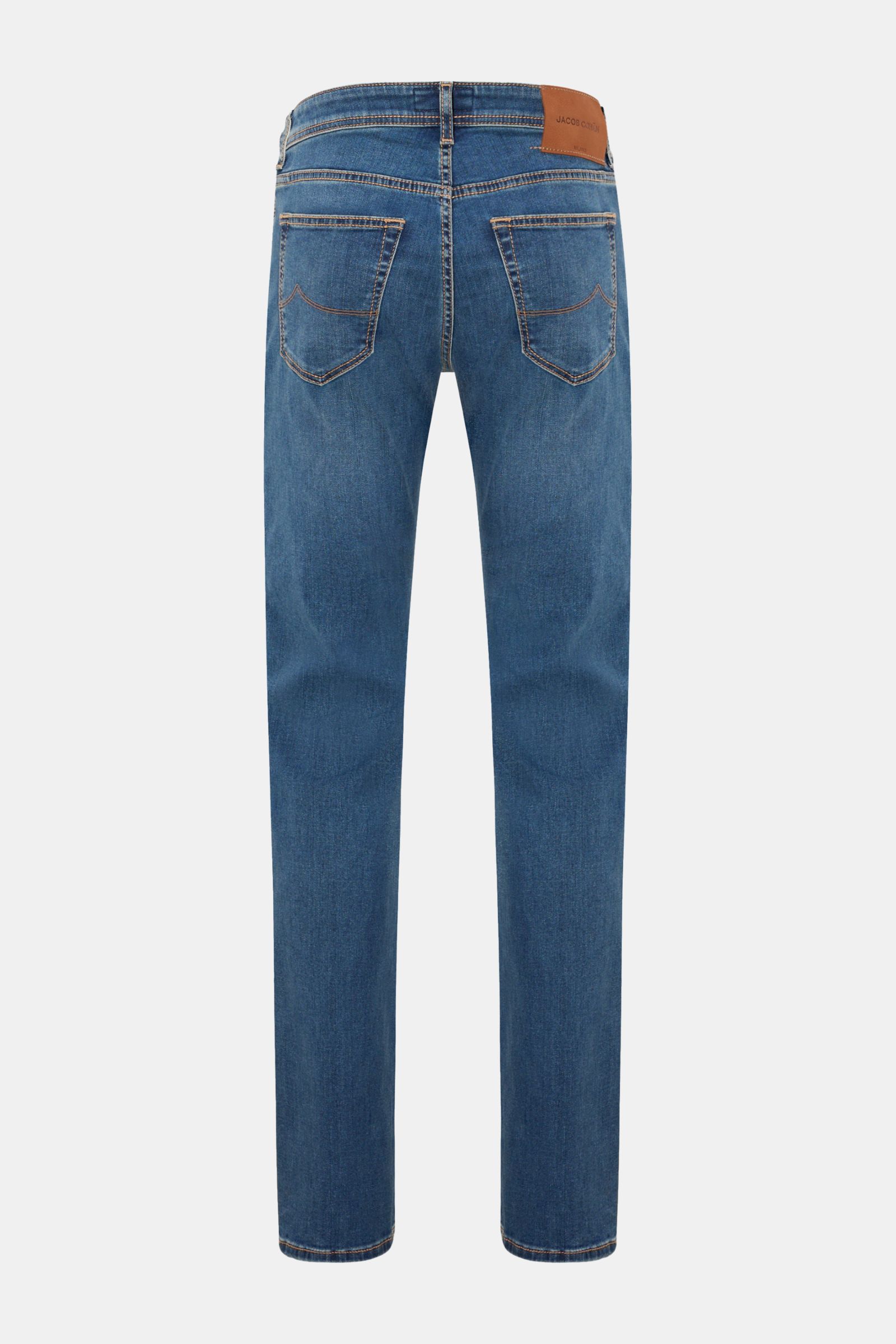 Jacob Cohen Jeans 'Bard' dunkelblau, Slim Fit, Rückansicht, Denim mit leichter Used-Waschung, Button Fly, Five-Pocket-Stil, Leather-Patch.