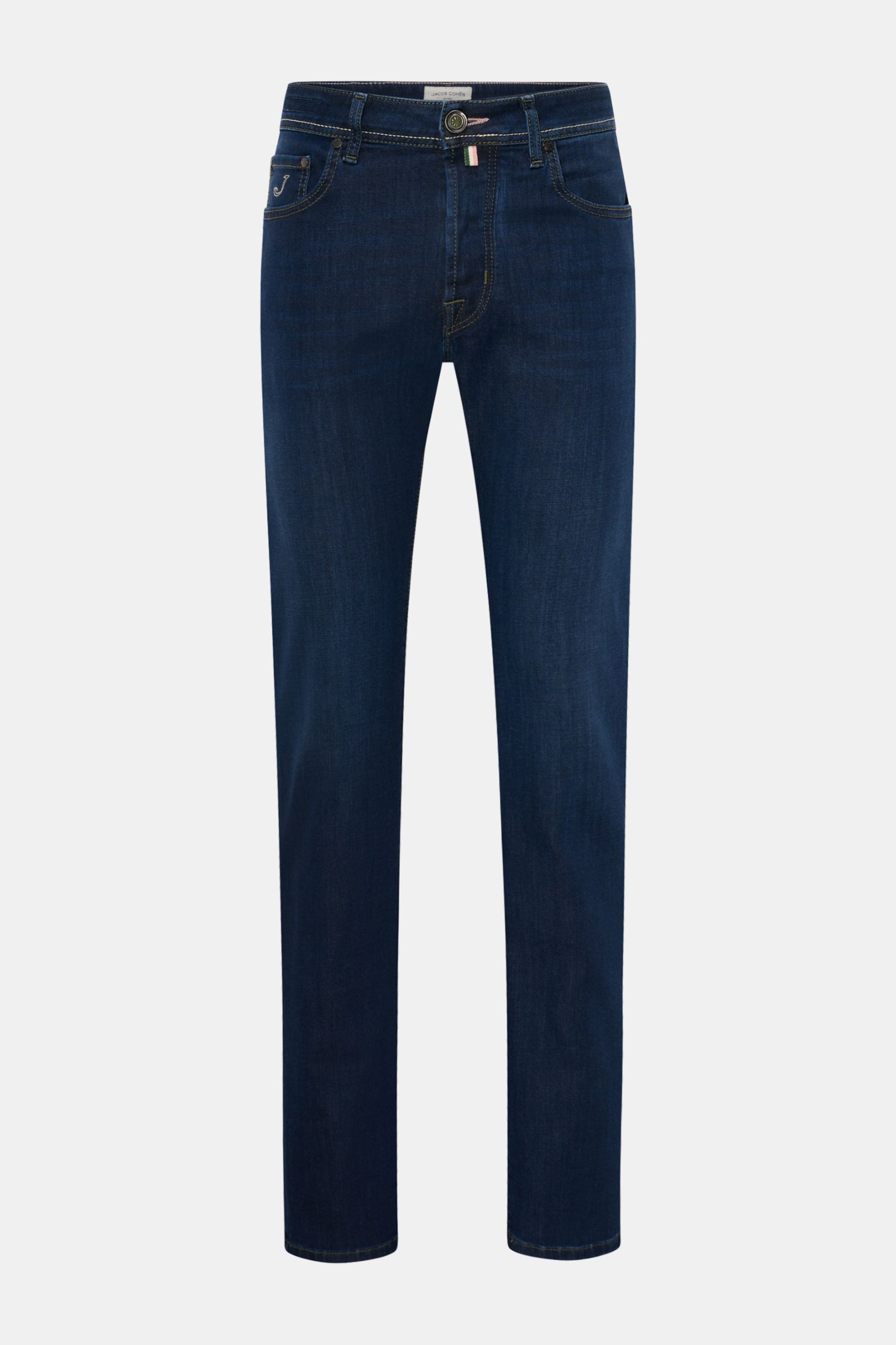 Front view of Jacob Cohen Jeans 'Bard' navy, slim fit, narrow taper, denim cotton, lyocell, microfiber, soft touch, contrast stitching, button fly, five-pocket style, coin pocket with initial, back pockets with stitching, leather patch in pony hair look.