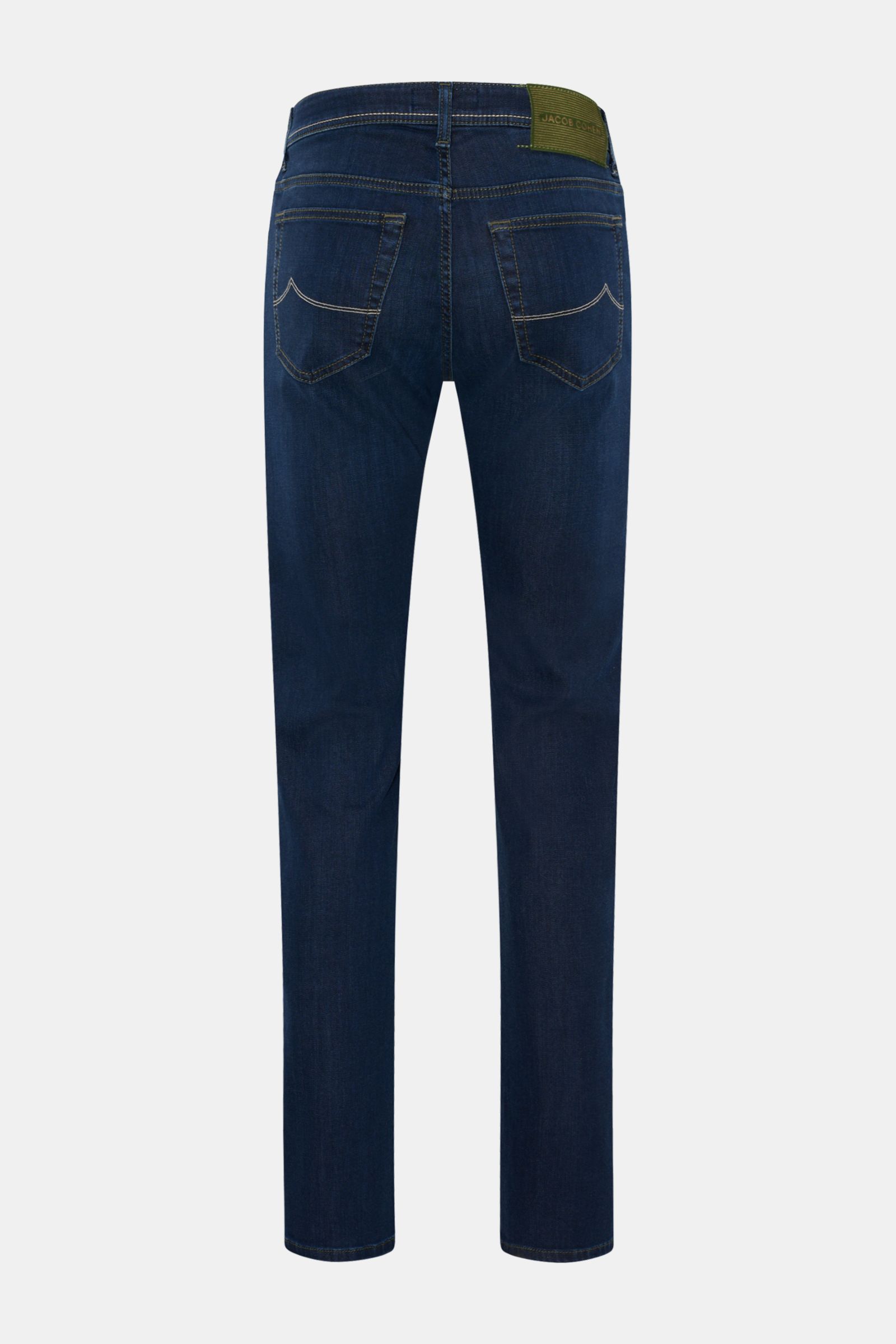 Jacob Cohen Jeans 'Bard' navy shown from the back, slim fit, narrow leg, button fly, five-pocket style, cotton, lyocell, microfiber denim, soft feel, contrast stitching, coin pocket with initial, back pockets with stitching, pony hair-look leather patch.